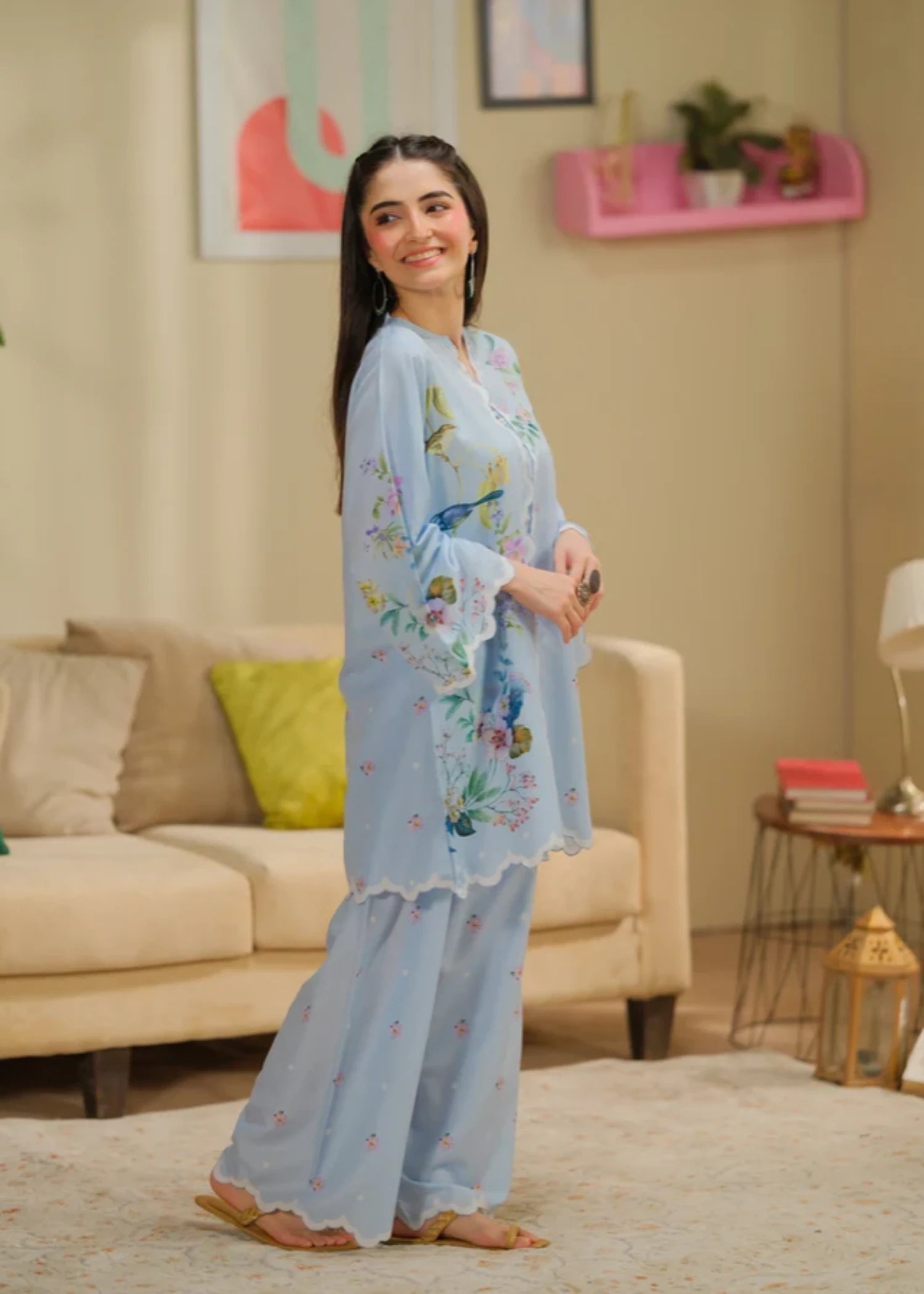 cambric Kurta Set in Light blue