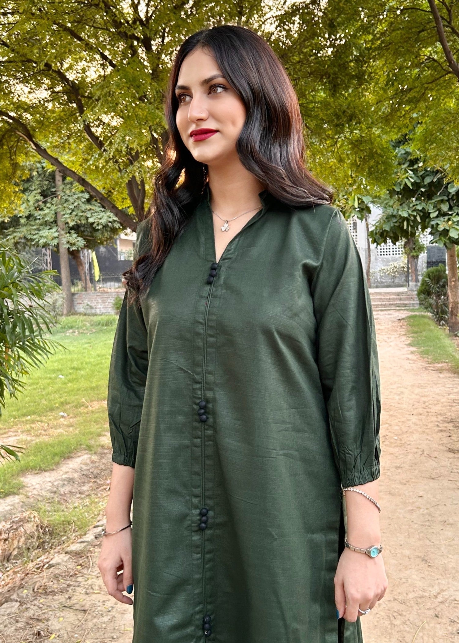 slub khaddar Co Ord Sets in Dark green