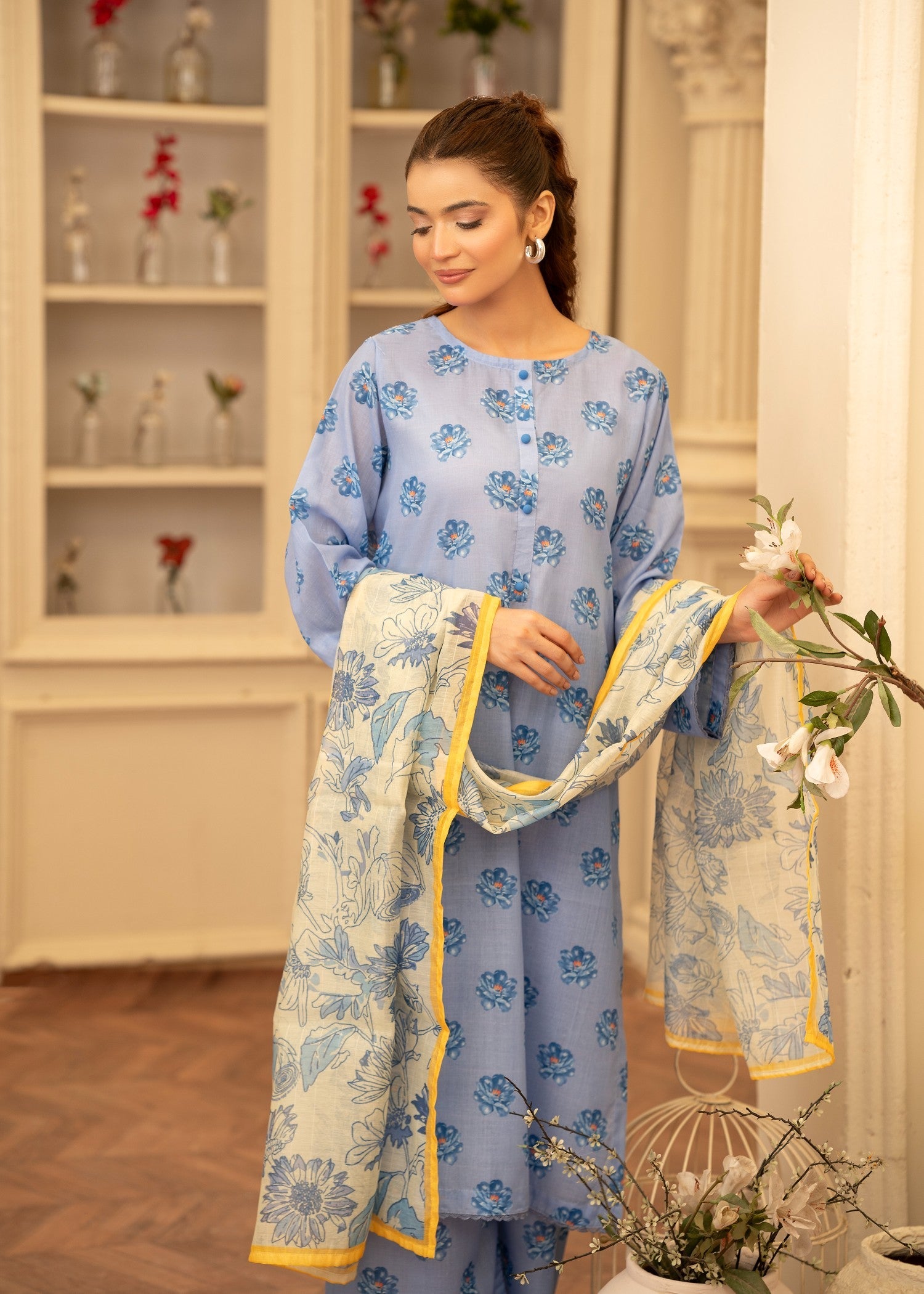 poly lawn Kurta Set in Powder blue