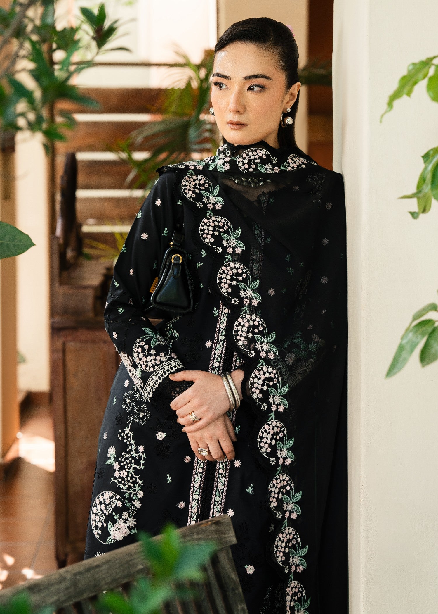 lawn Kurta Set in Black, ivory, moss green