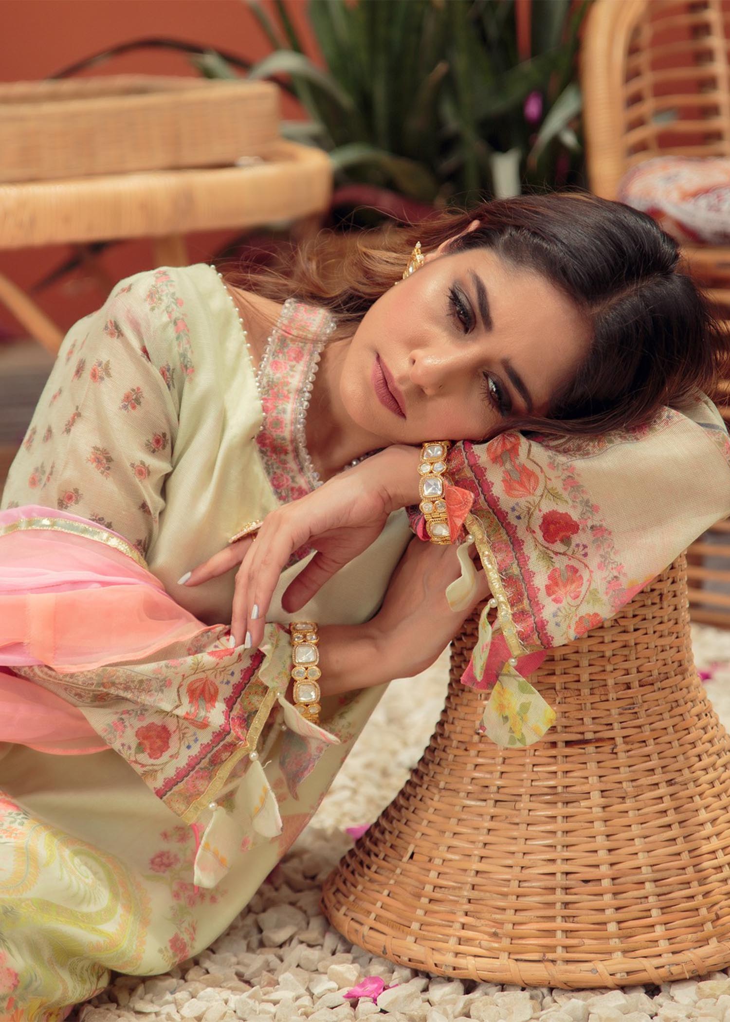 khaddi net Kurta Set in Lemon