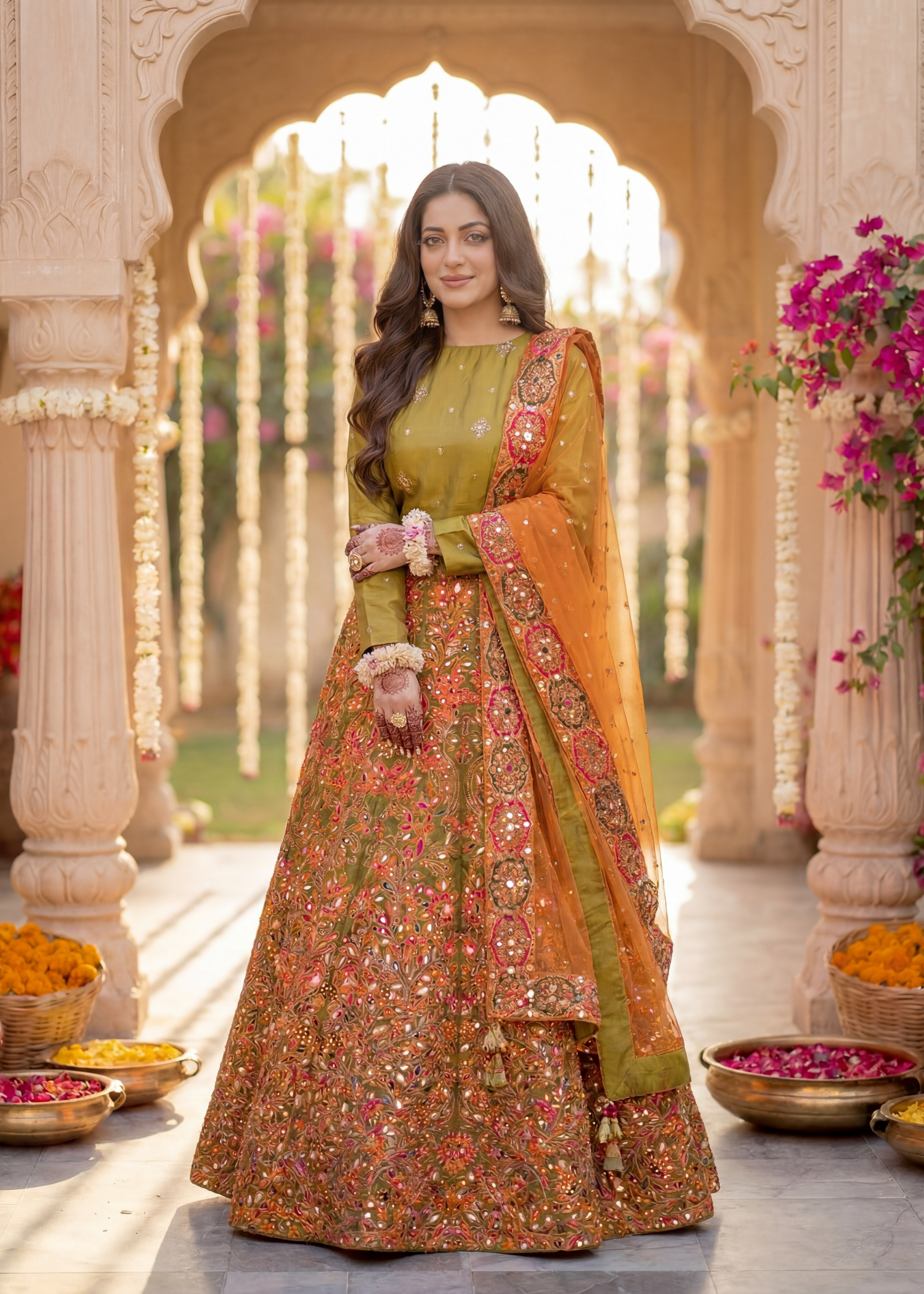 kattan silk Lehenga in Orange, olive green