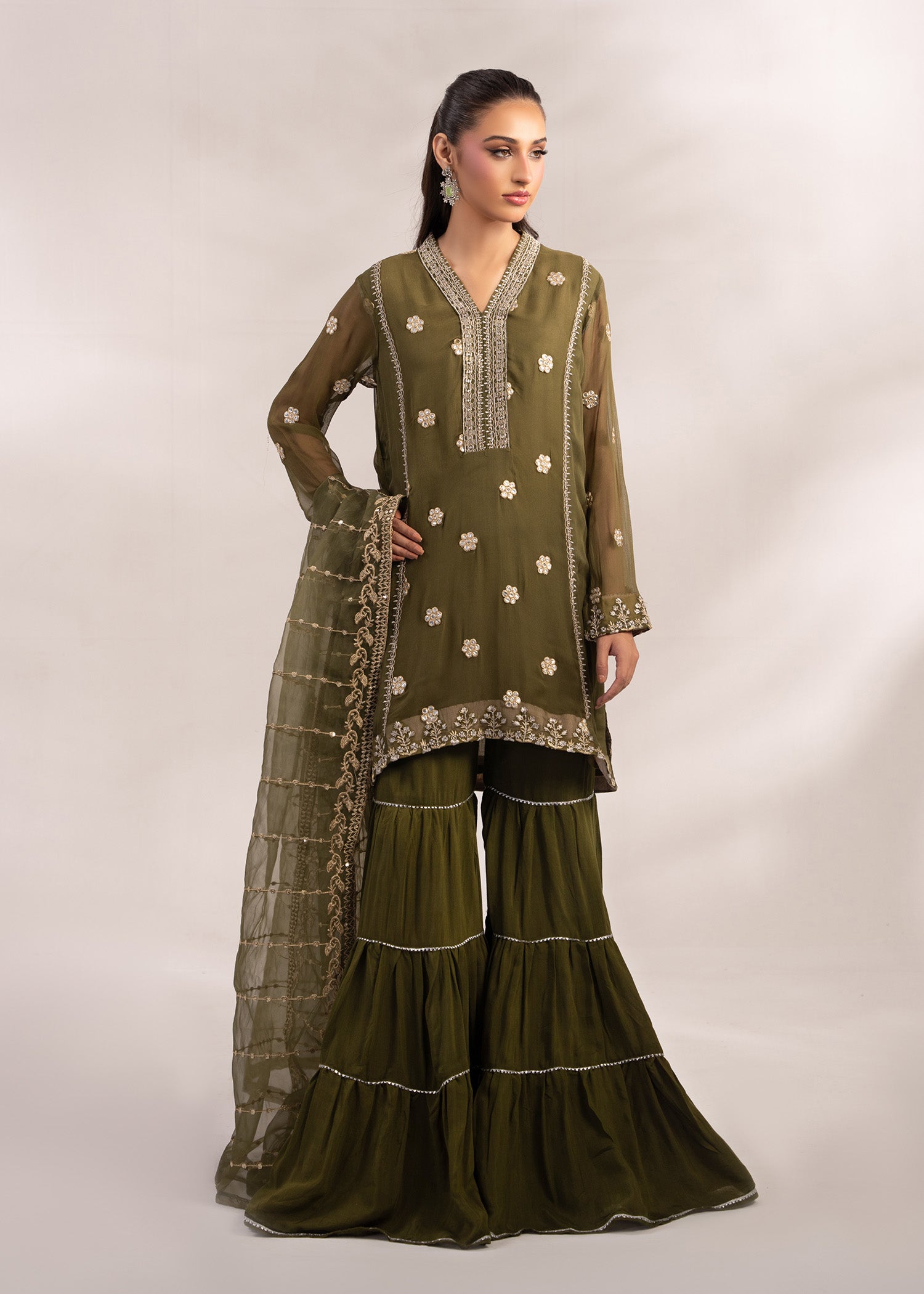 crinkle Gharara in Olive green