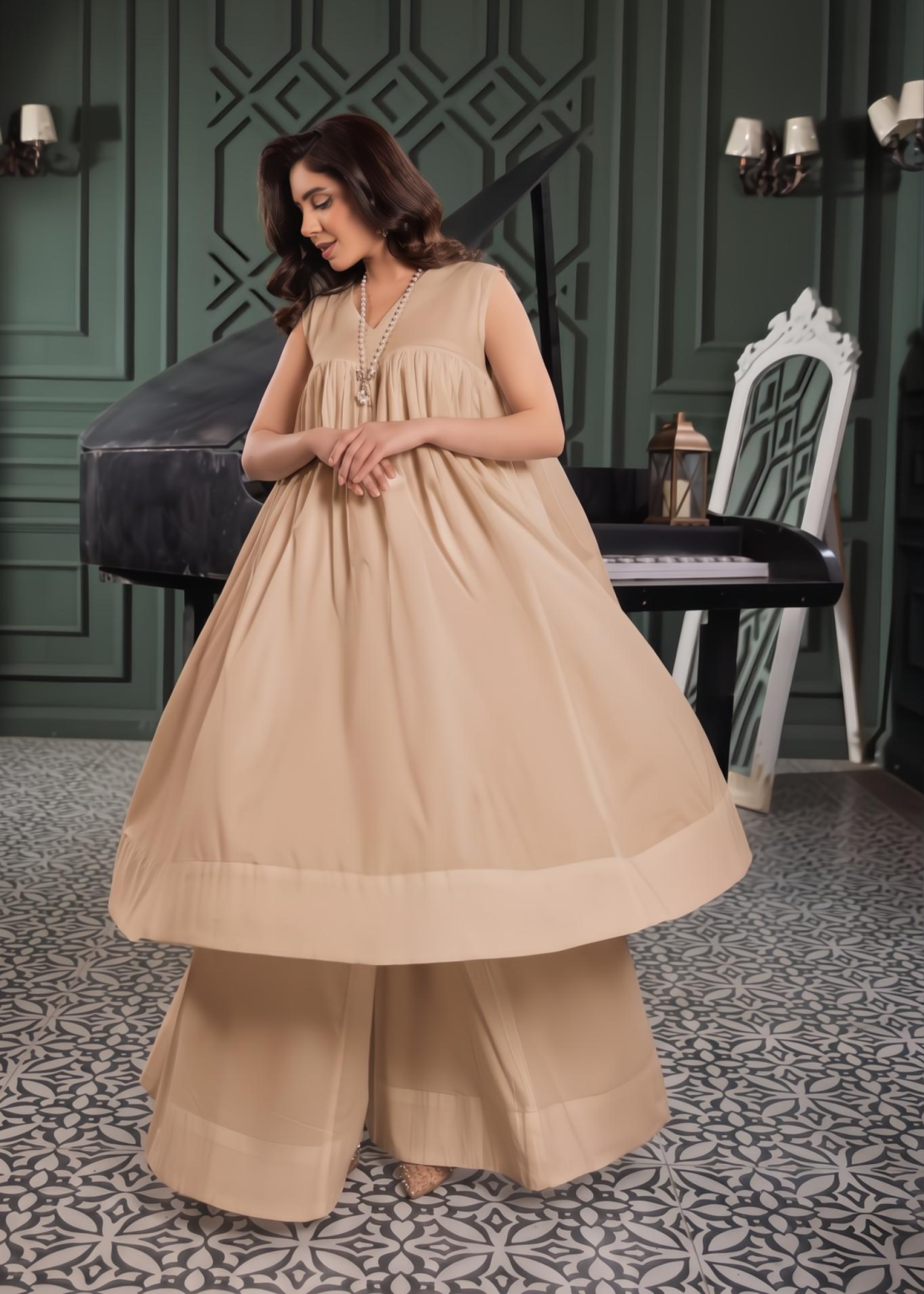 lawn cotton Short Frock in Beige
