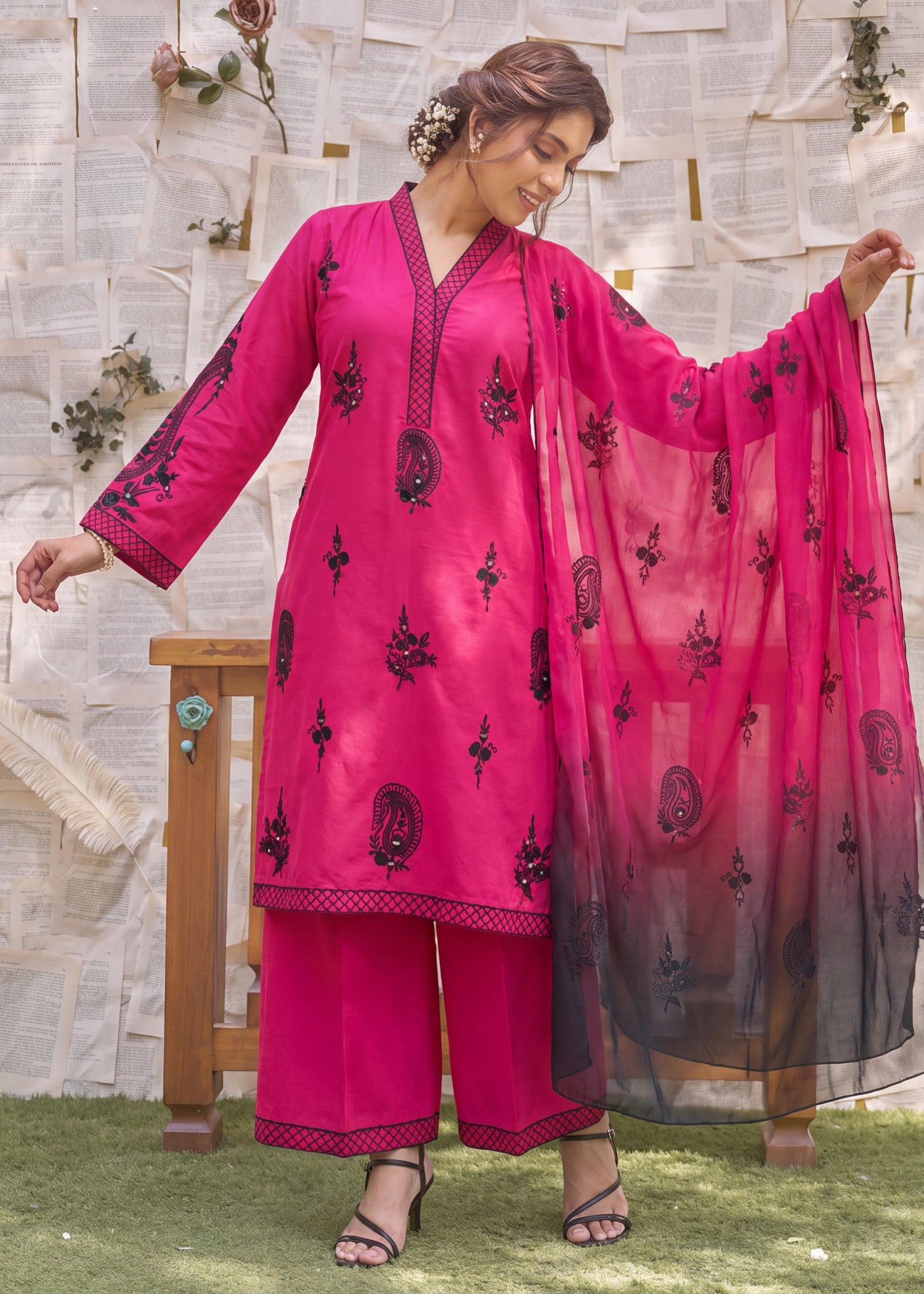 cotton Kurta Set in Hot pink red