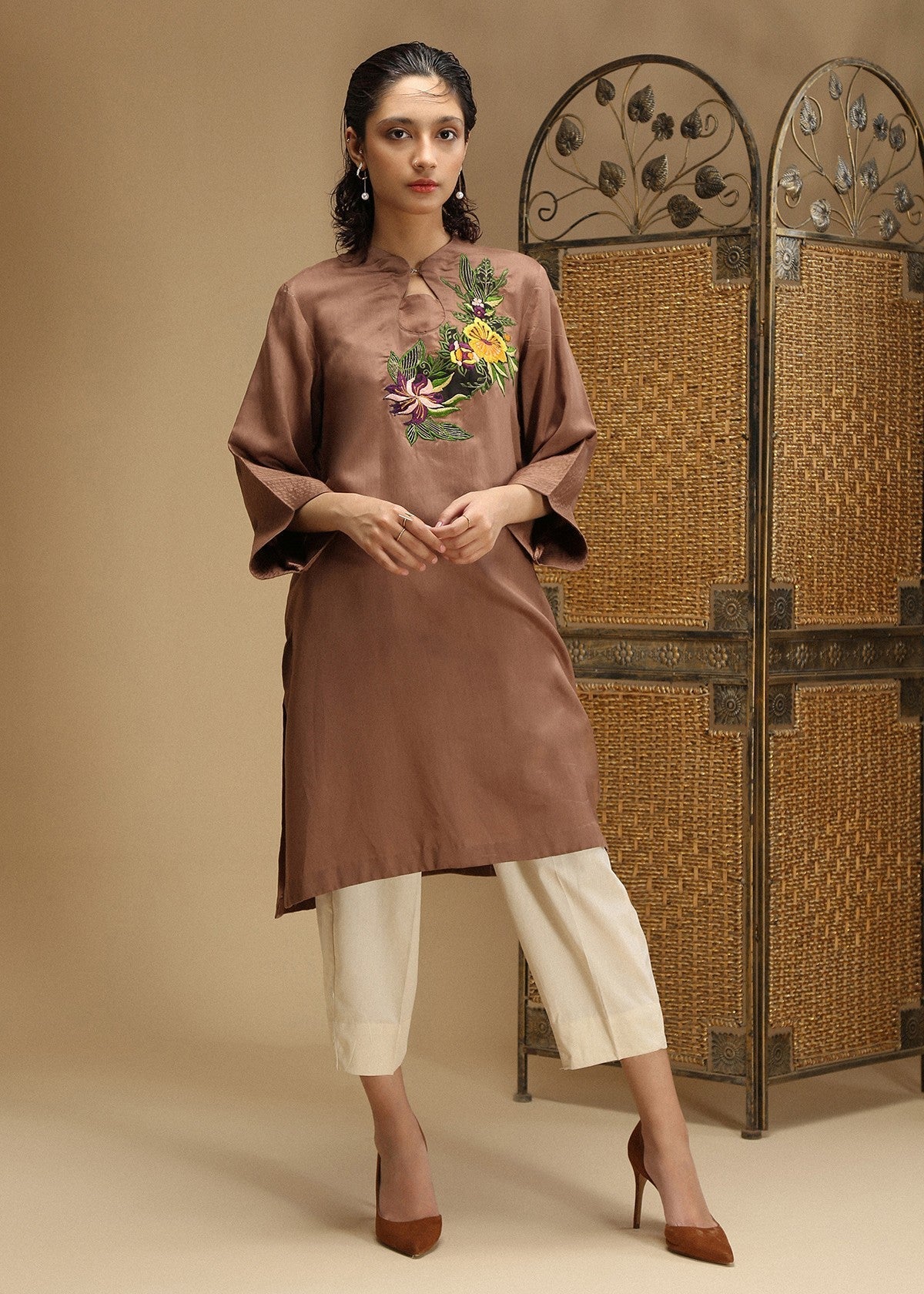 silk Kurti in Brown