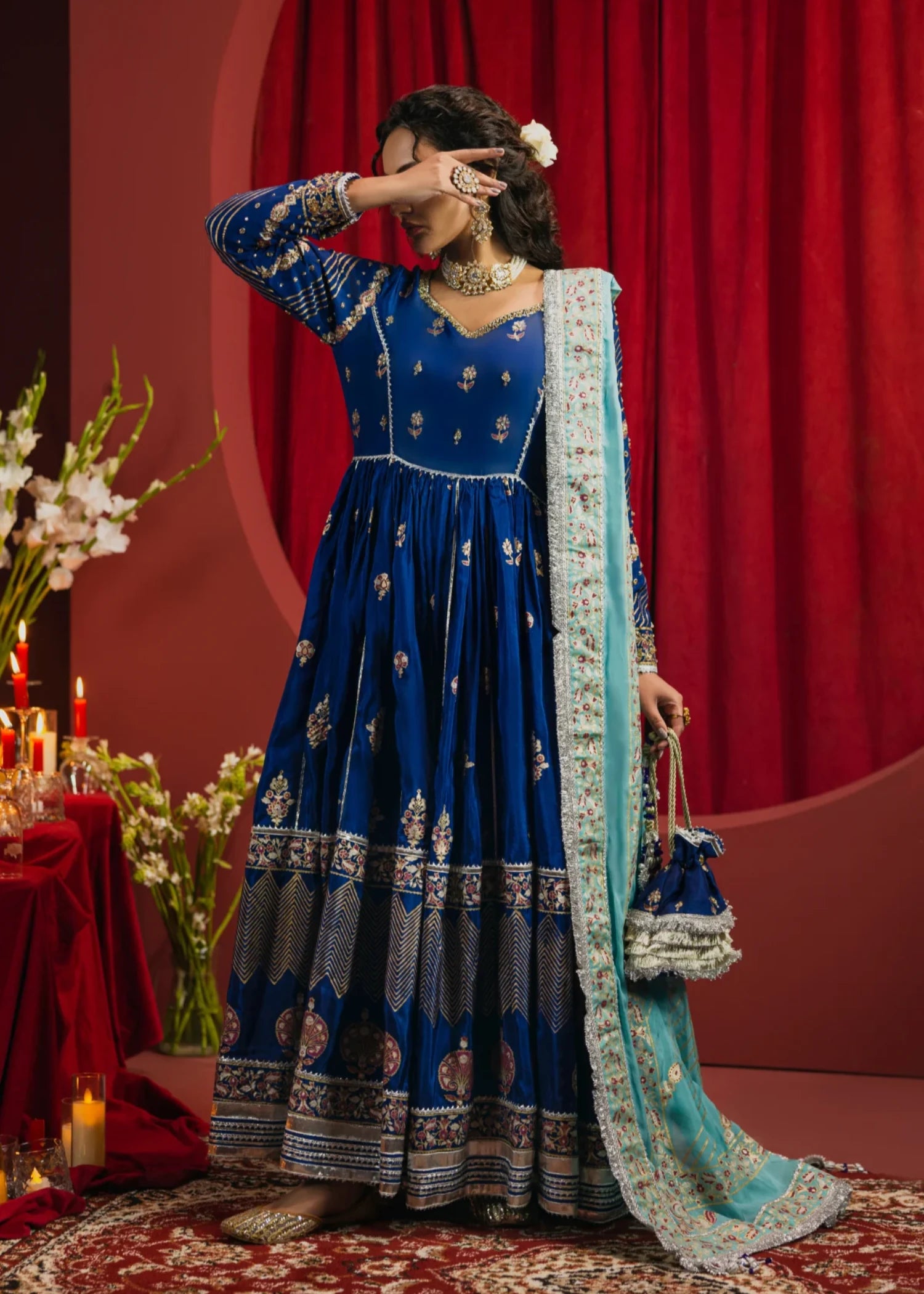 tussar silk Unstitched in Navy blue