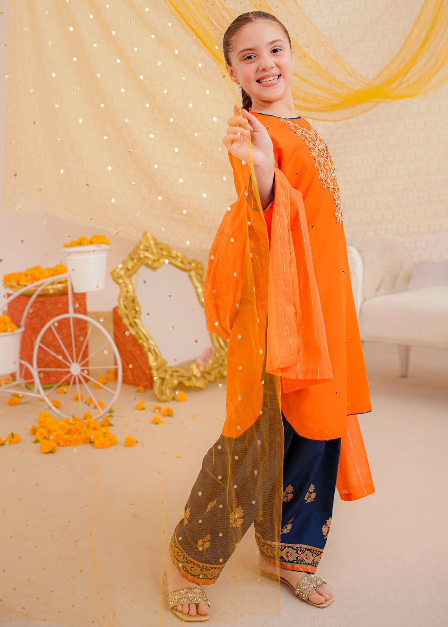 raw silk Kurta Set in Orange, navy blue