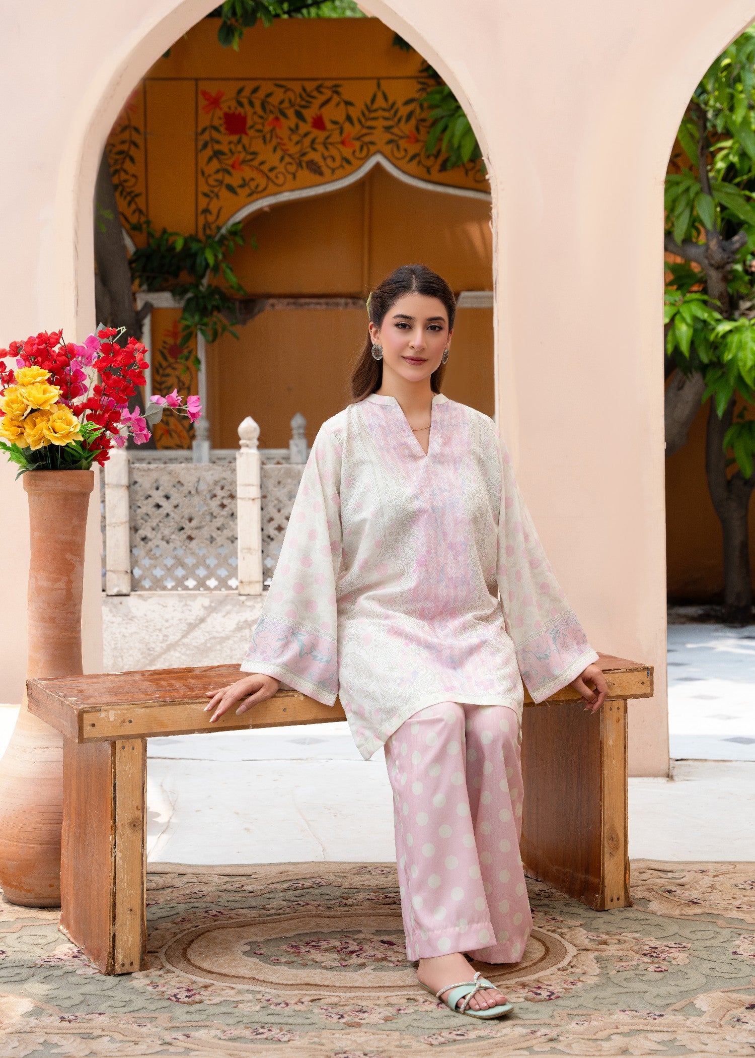 cambric Kurta Set in Cotton, rose pink