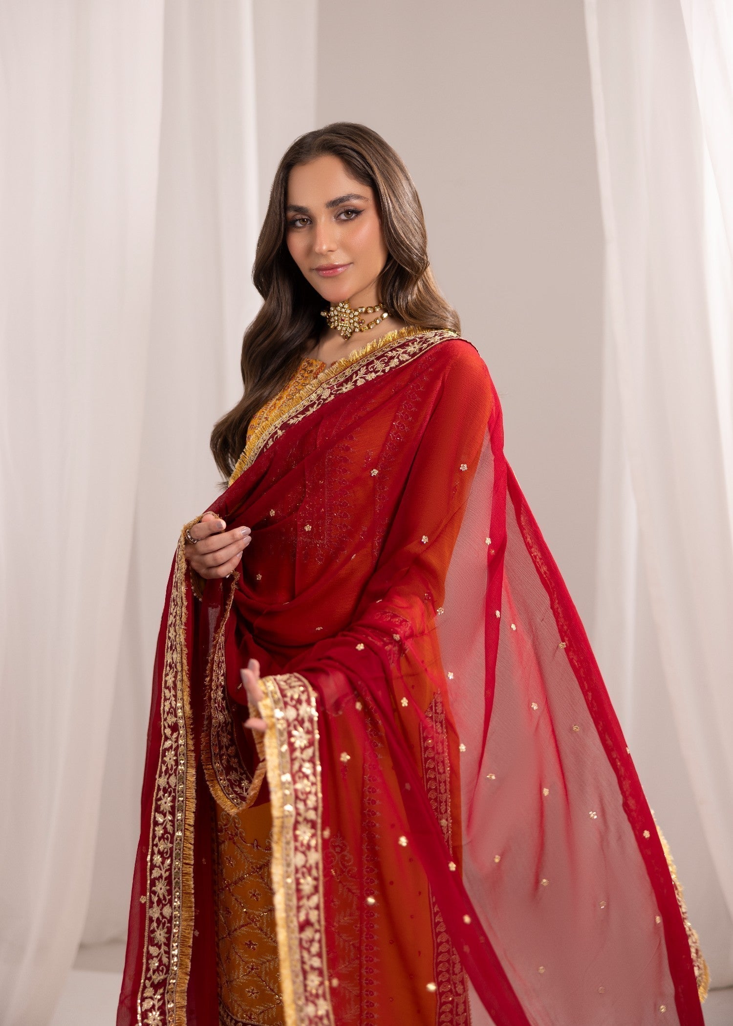 bemberg crinkle chiffon Kurta Set in Mustard, maroon