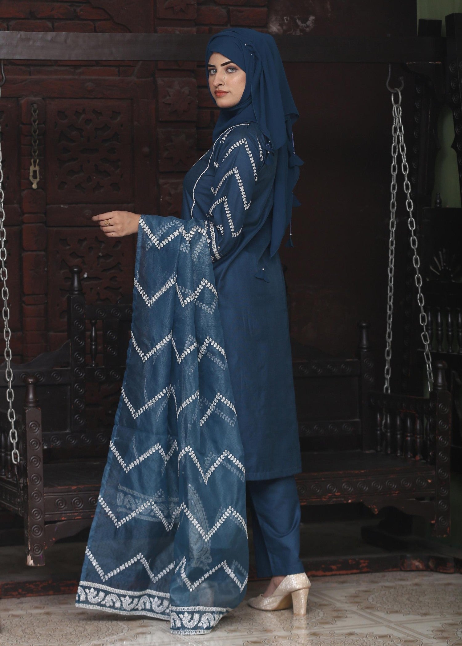 khaddi net Kurta Set in Indigo
