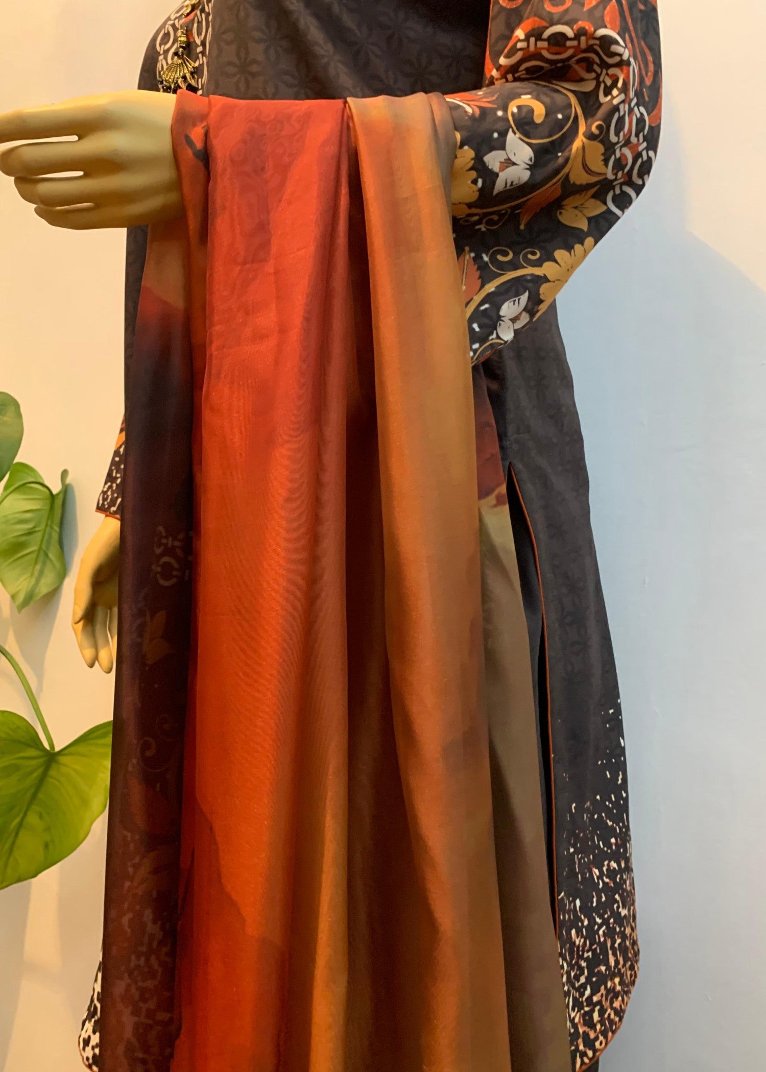 silk finish lawn Unstitched in Dark brown, mustard, peanut