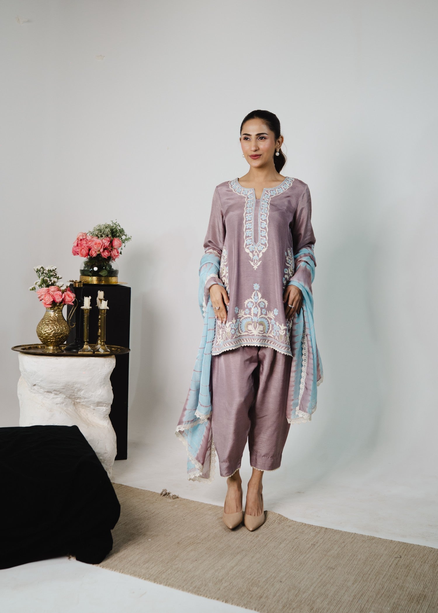 korean raw silk Kurta Set in Mauve pink