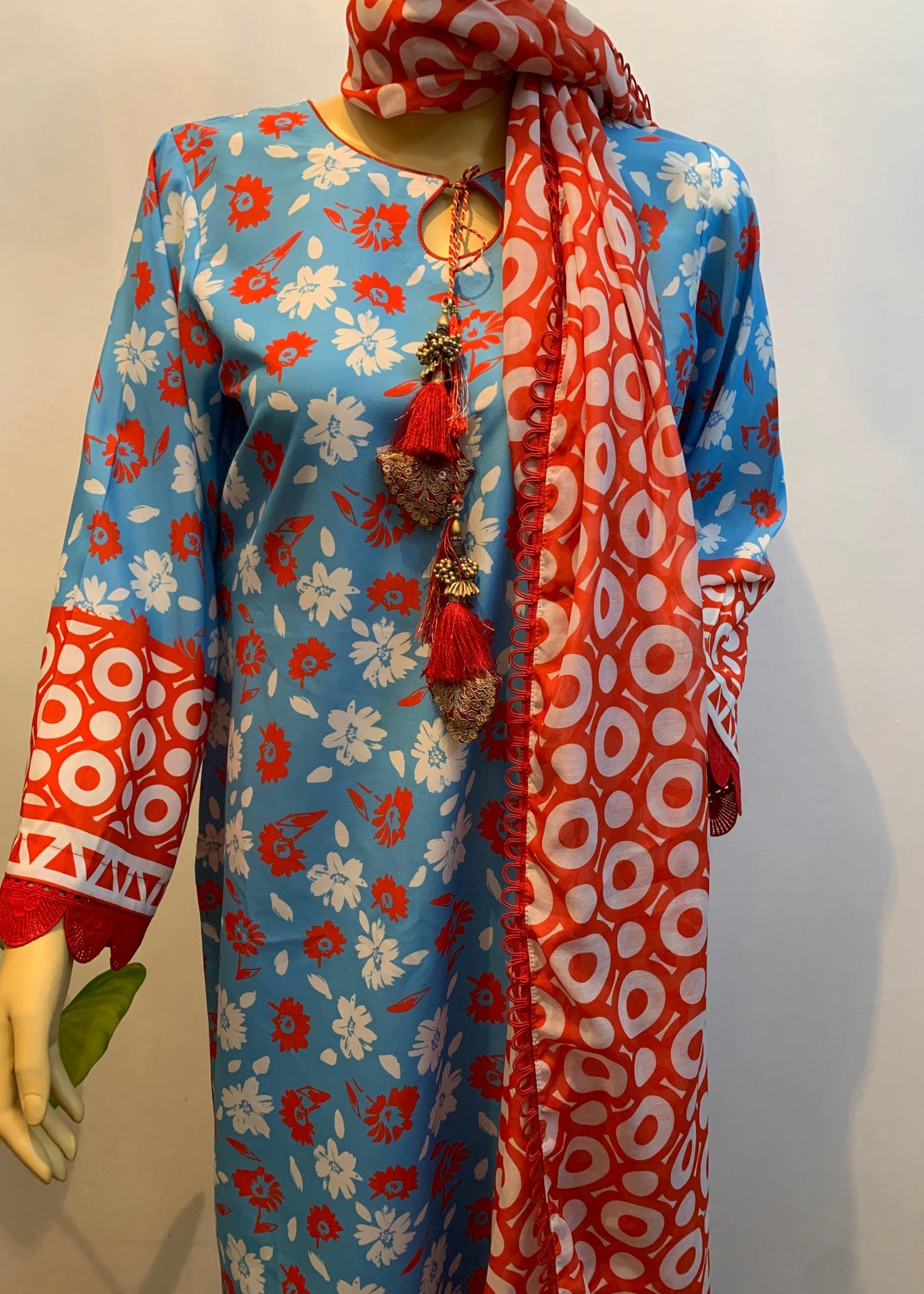 silk finish lawn Unstitched in Red, azure, dodger blue