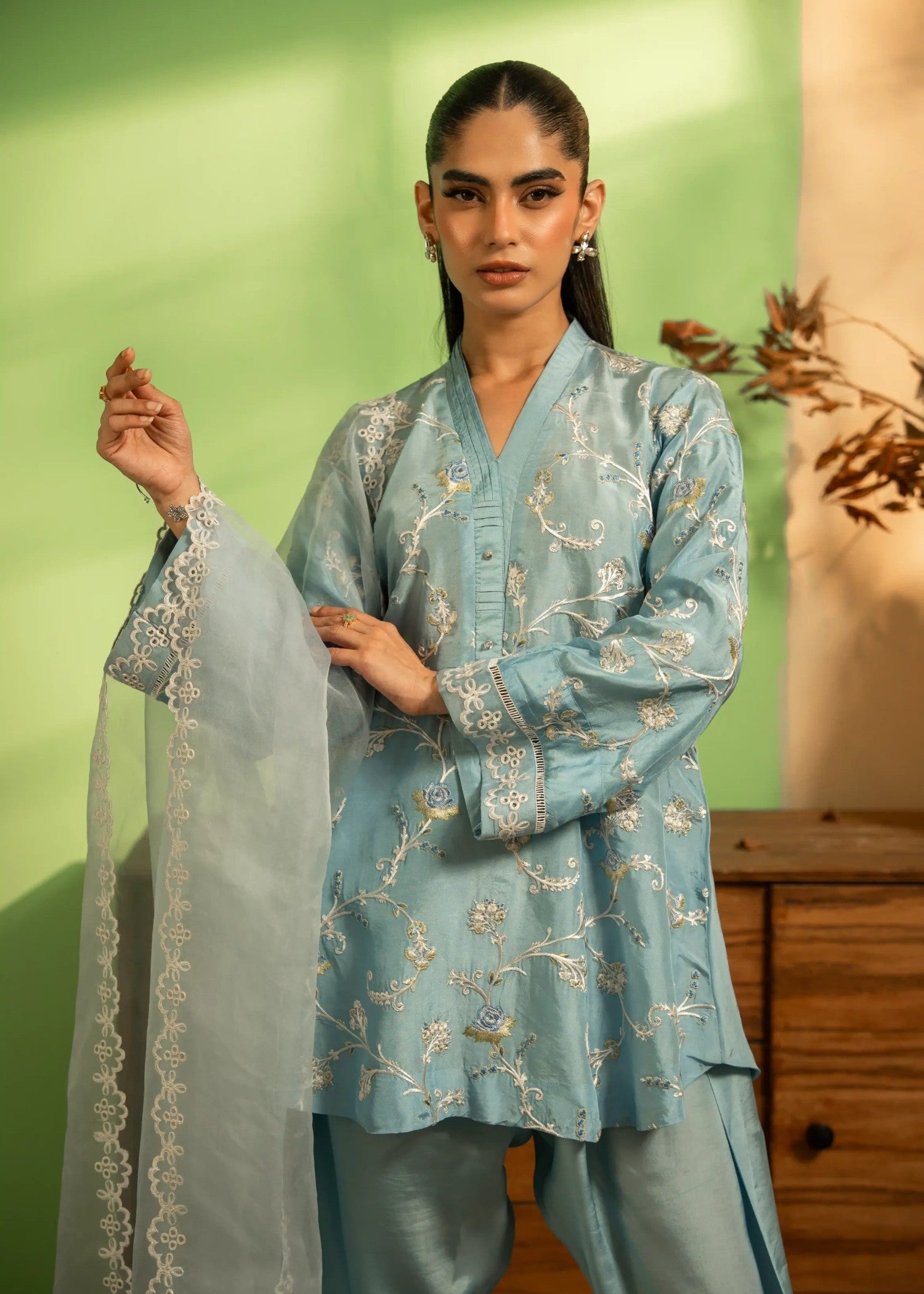 khaddi silk Short Frock in Sky blue