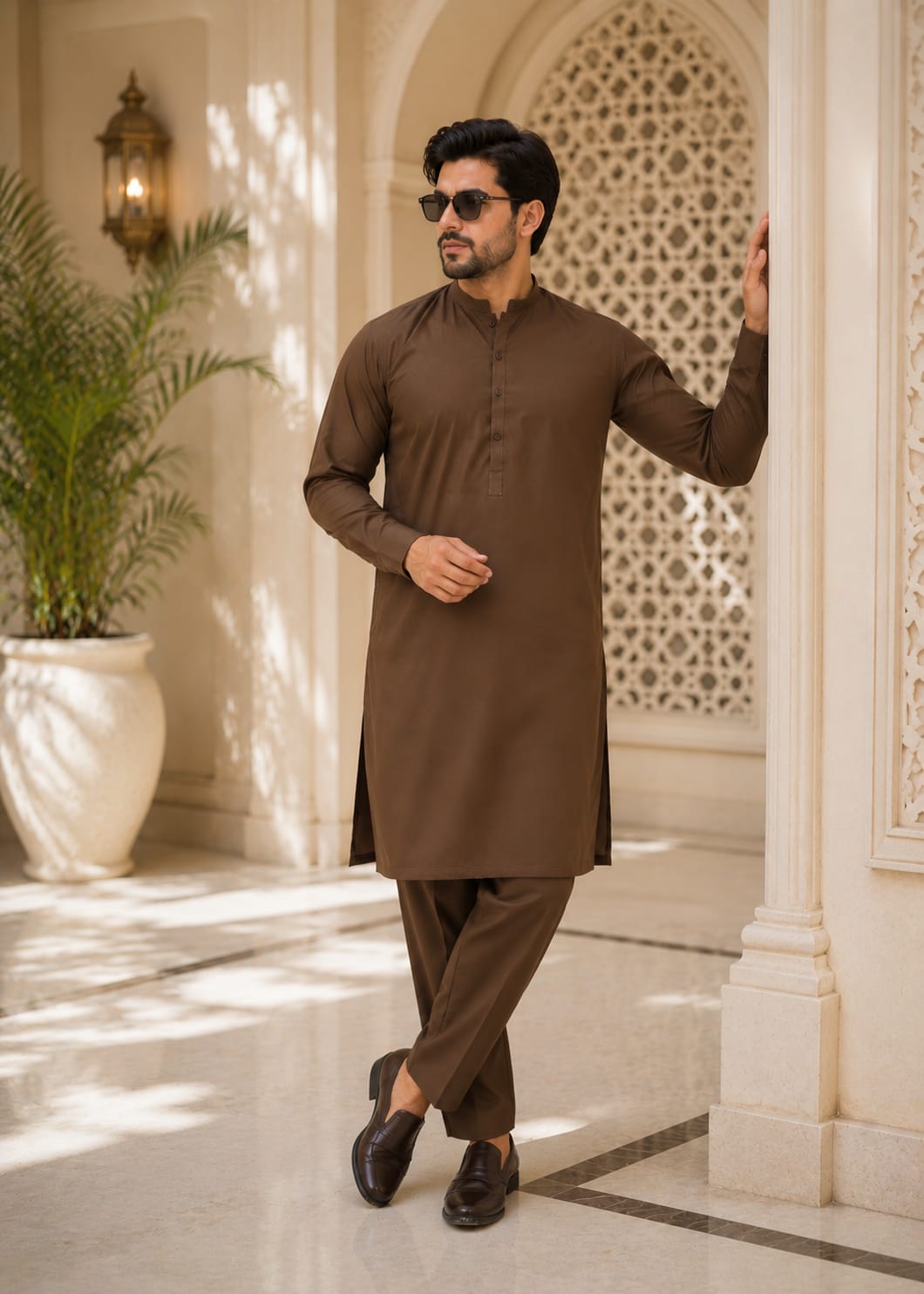 wash & wear Kurta Set in Oak brown
