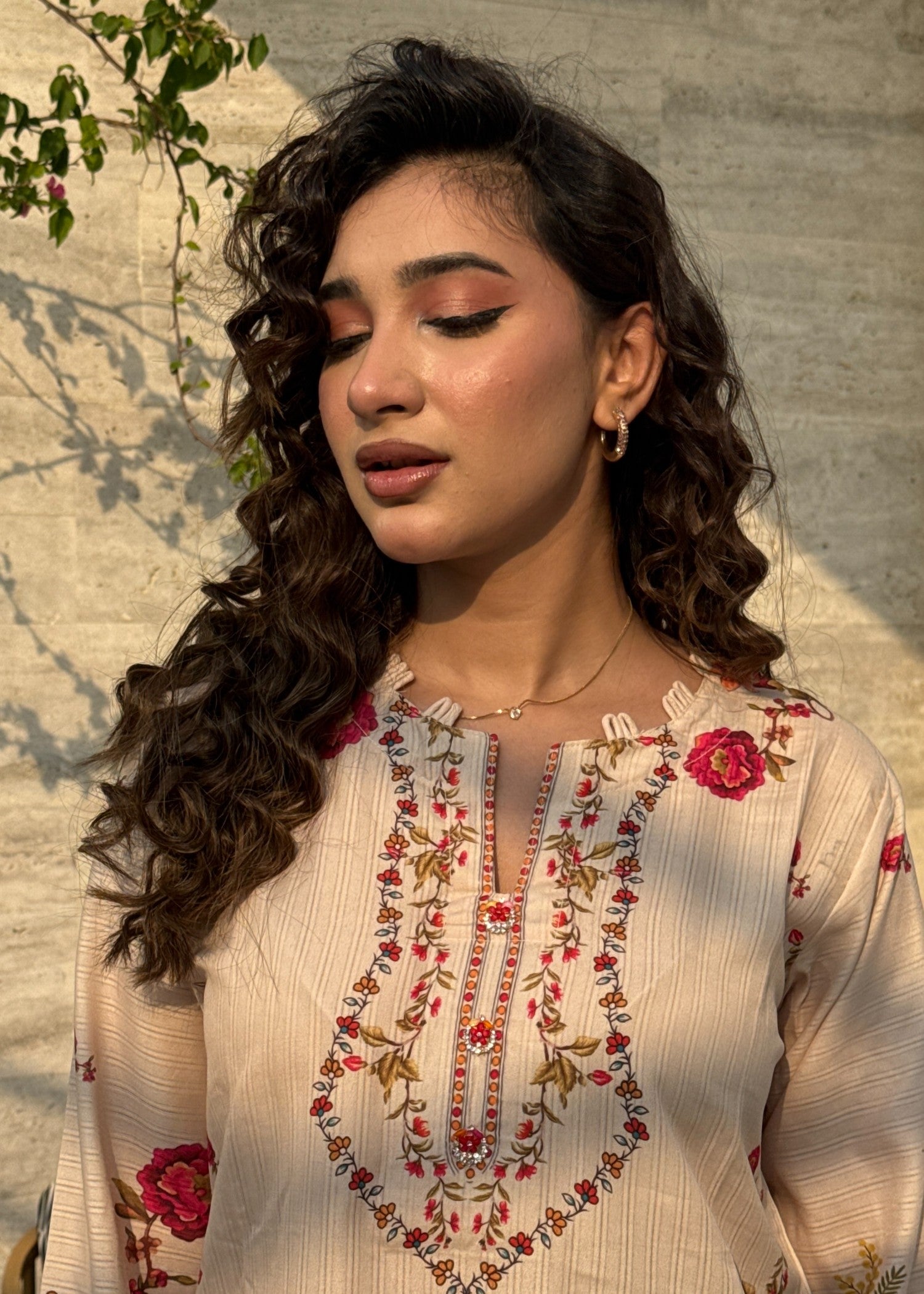 dobby Kurta Set in Beige