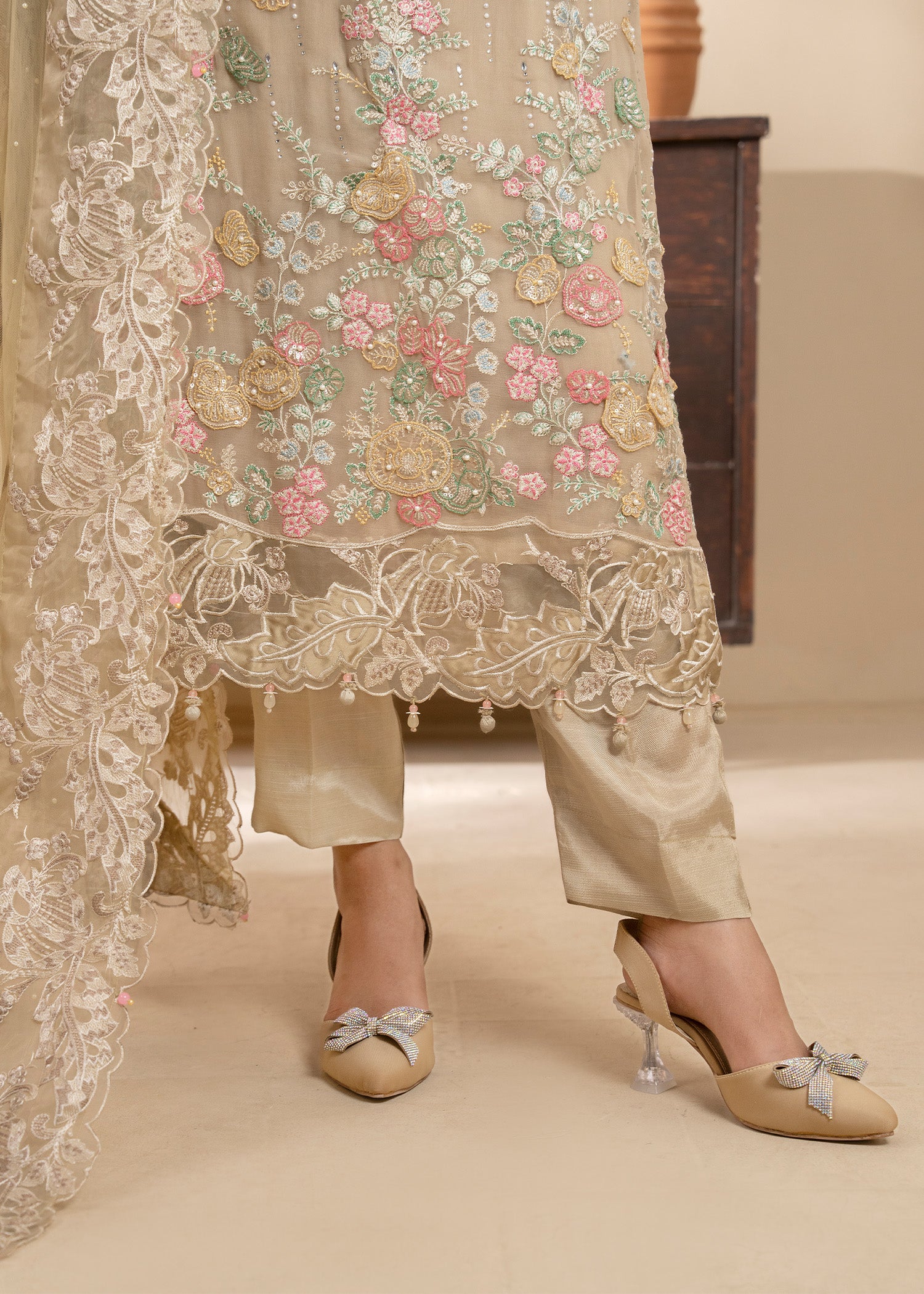chiffon Kurta Set in Tan brown