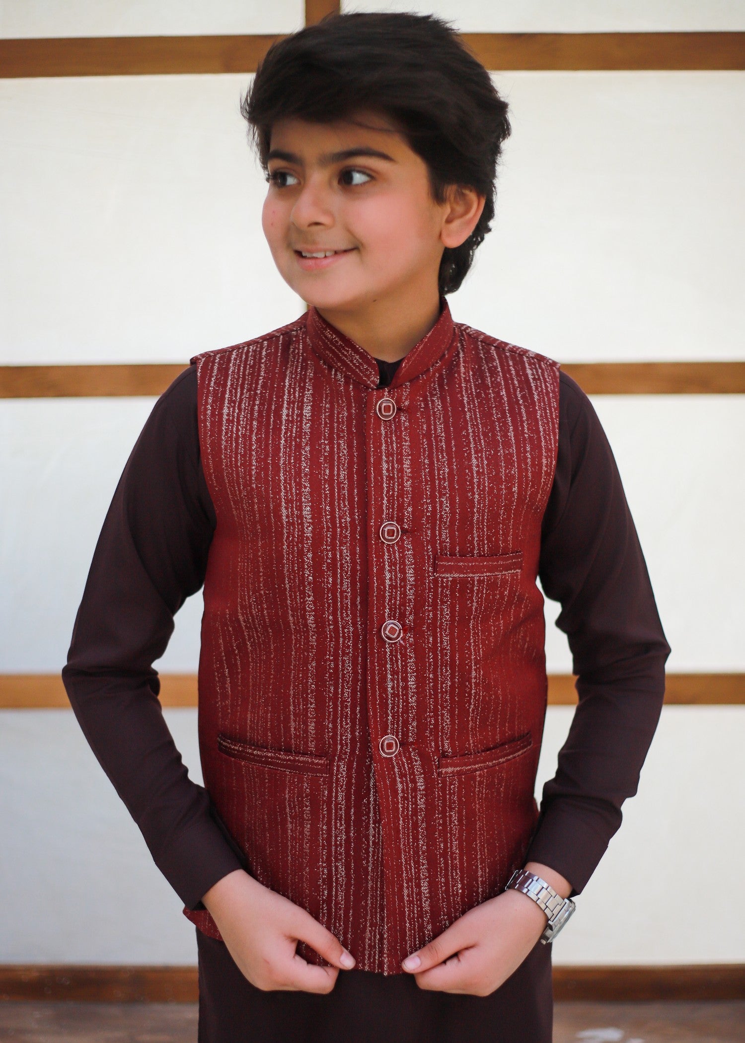 jamawar Waistcoat in Rose red