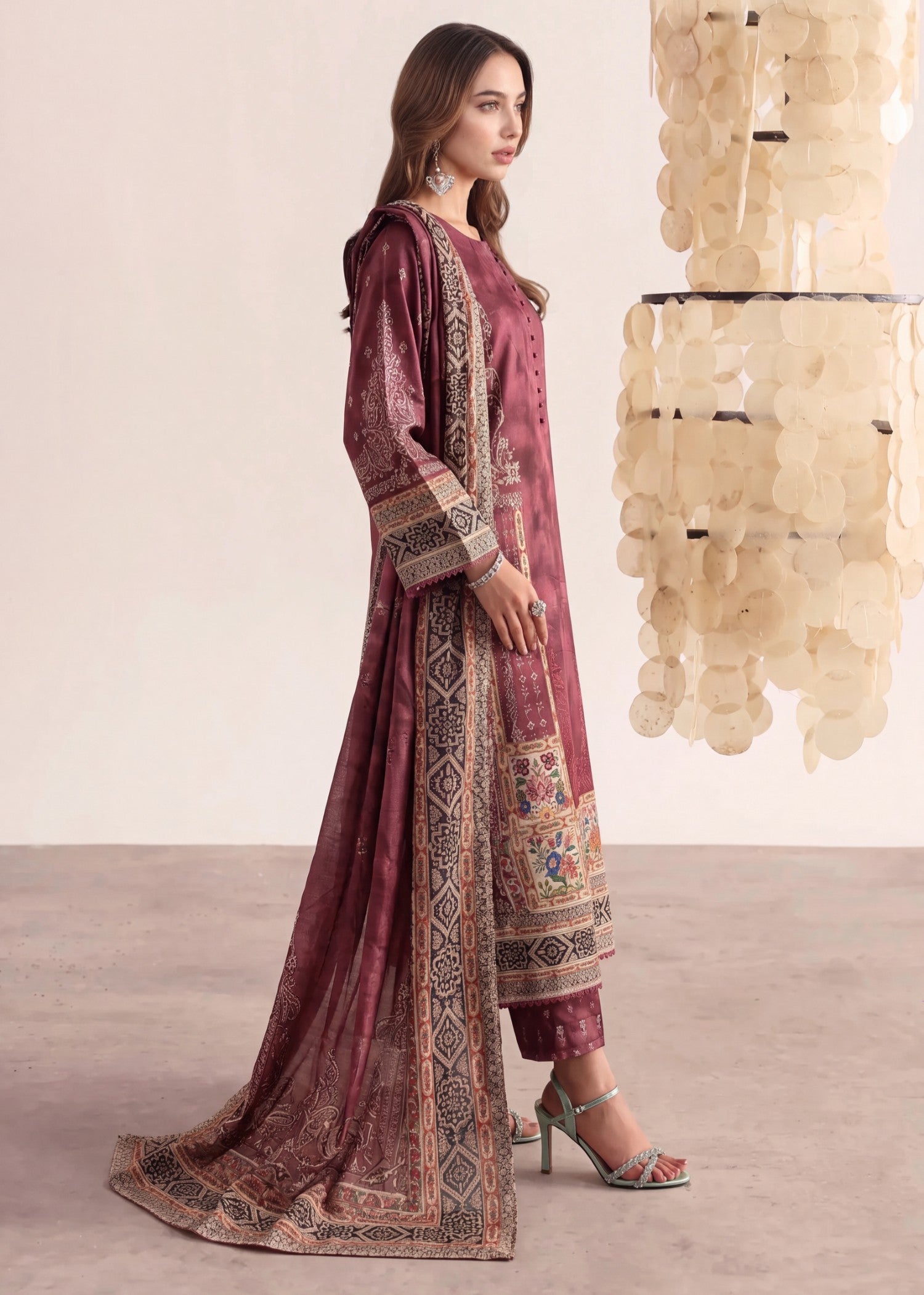 poly lawn Kurta Set in Dark raspberry