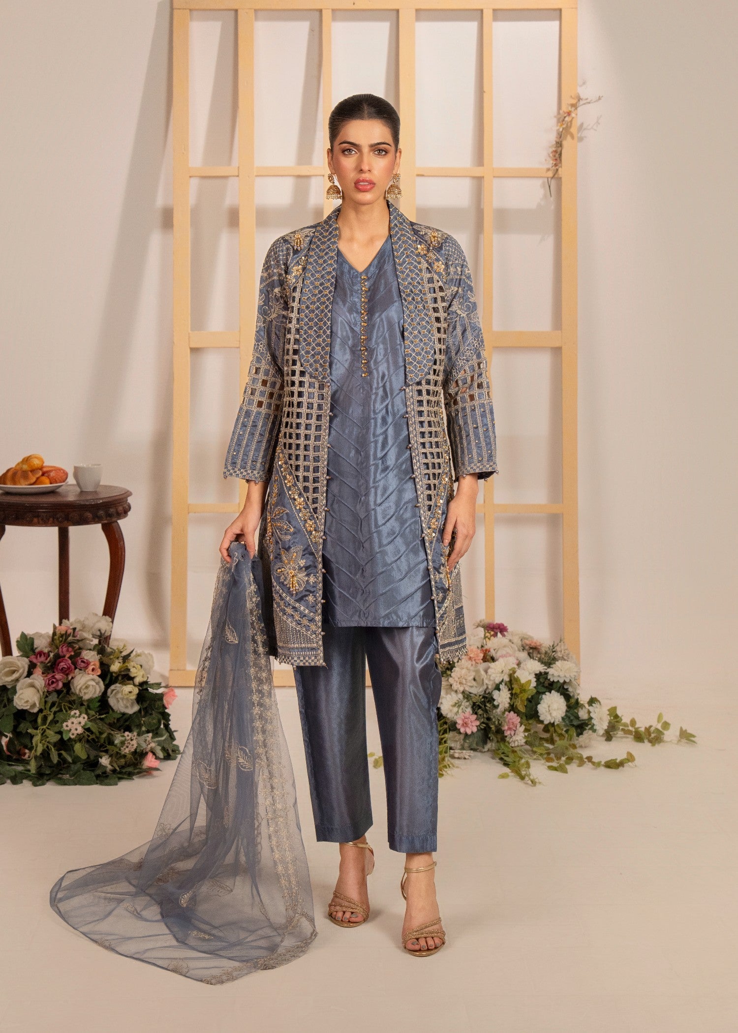 raw silk Gown in Slate grey