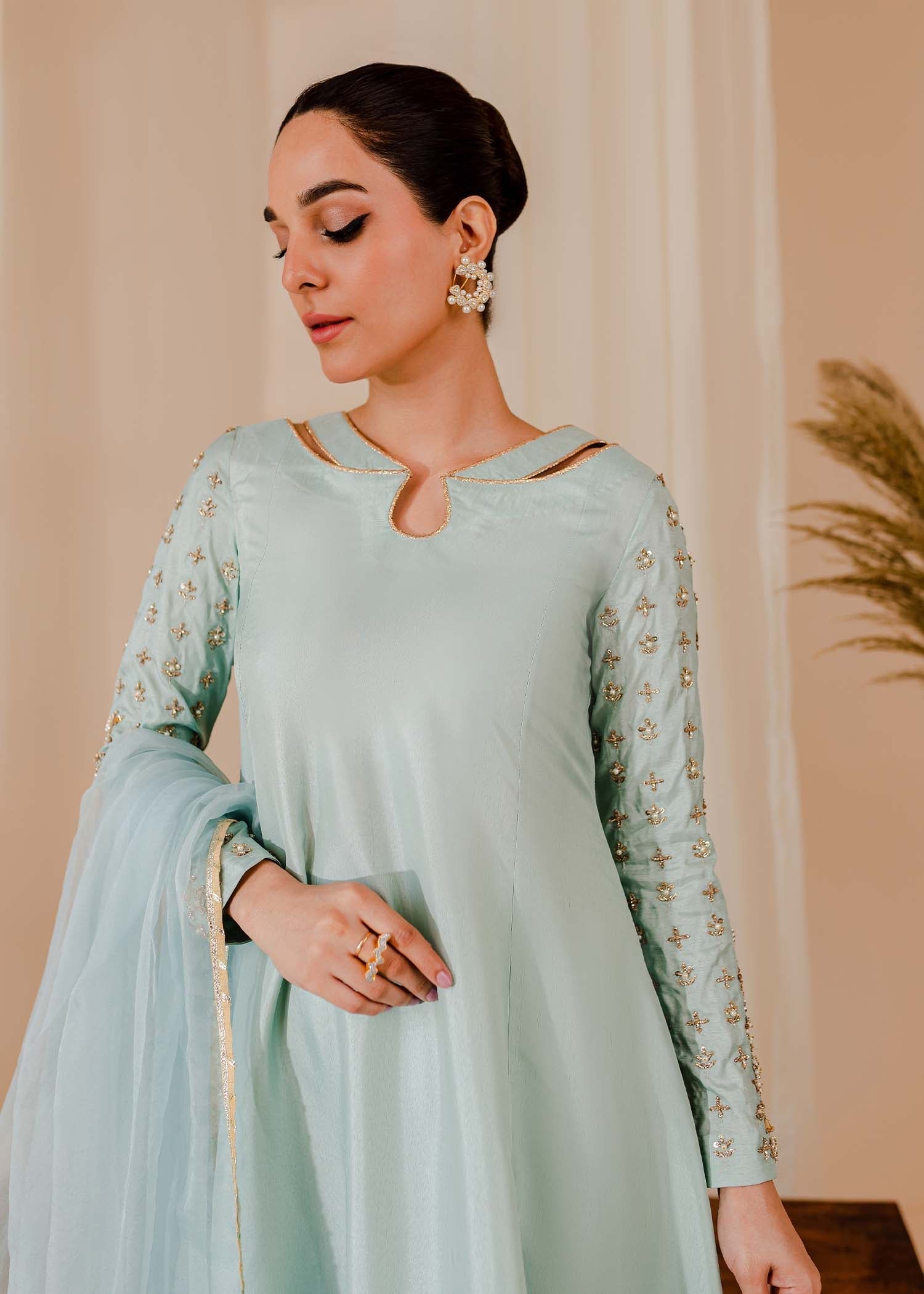raw silk Pishwas in Ice blue