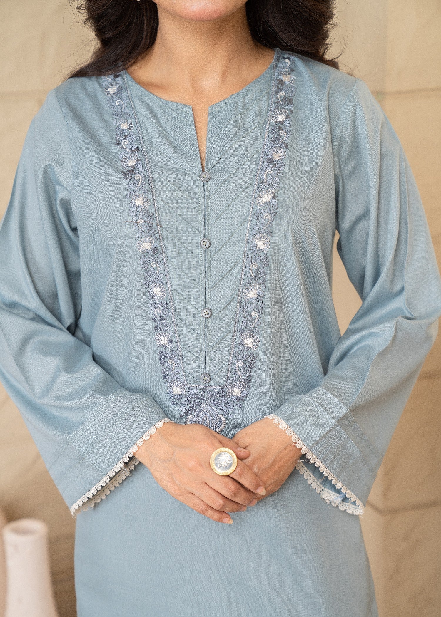 slub cambric Kurta Set in Frost blue