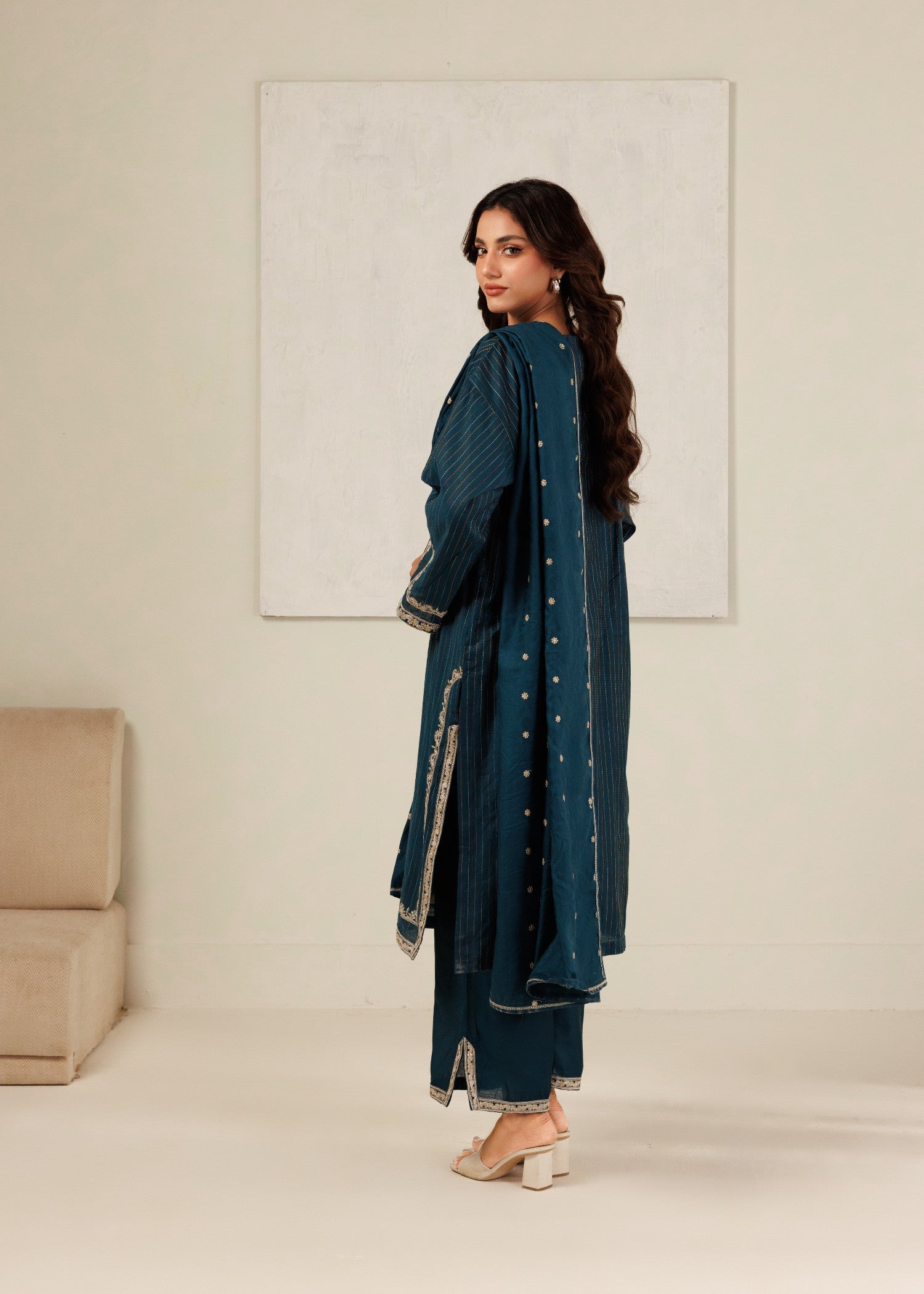 yarn dyed Kurta Set in Teal