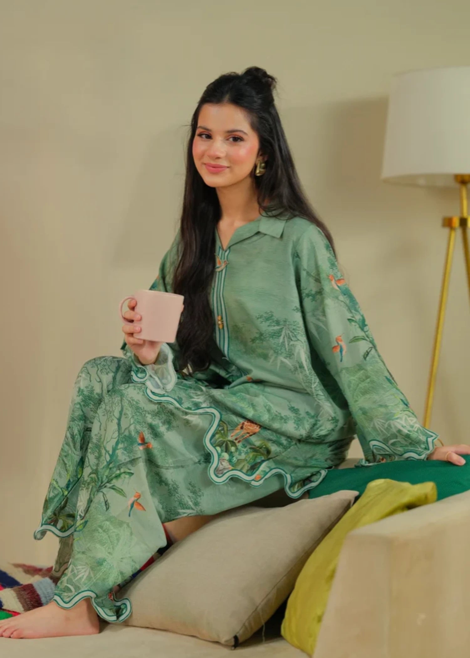 cambric Kurta Set in Pistachio green