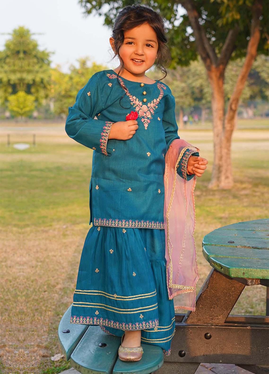 raw silk Gharara in Turquoise