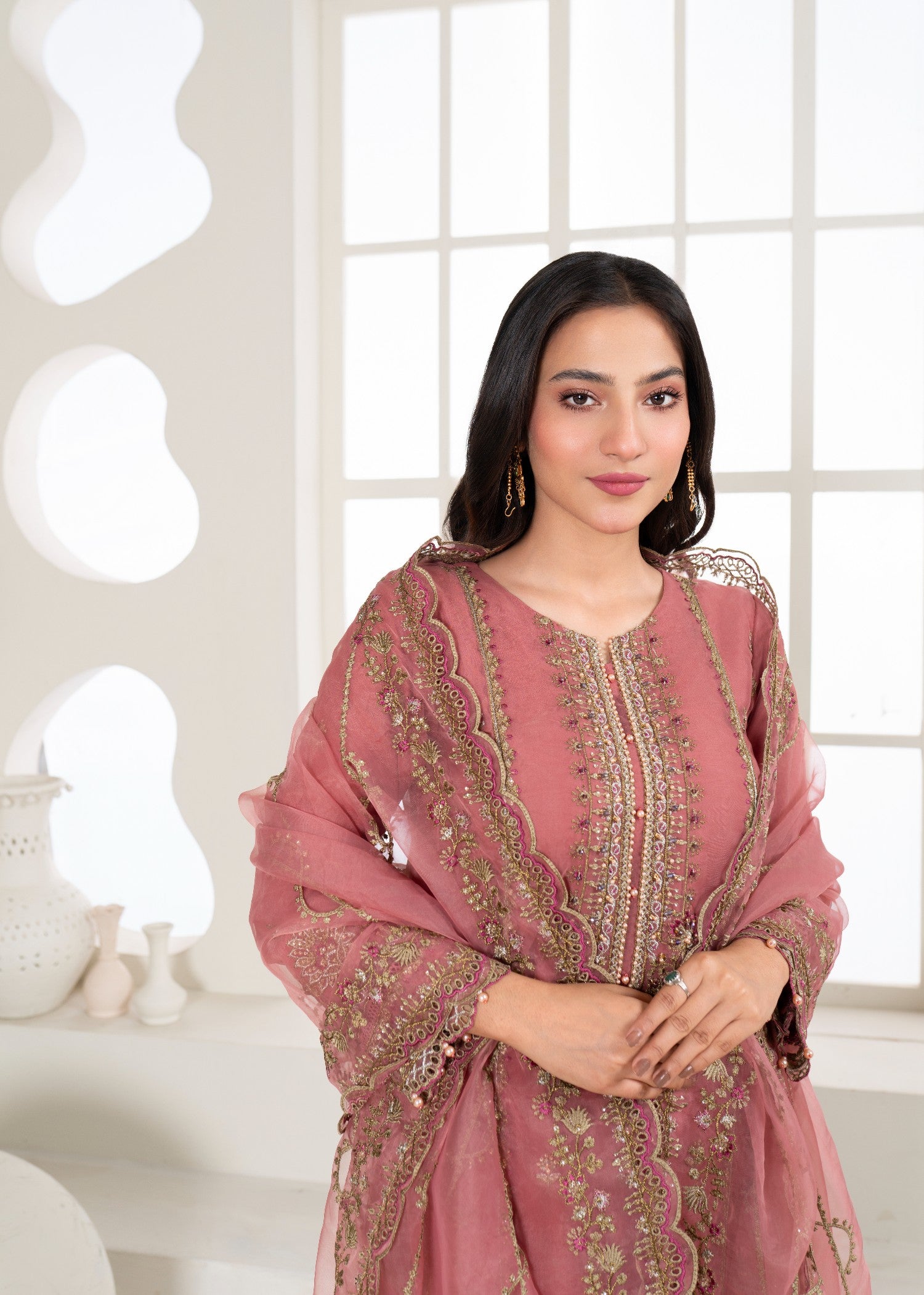organza Kurta Set in Melon pink