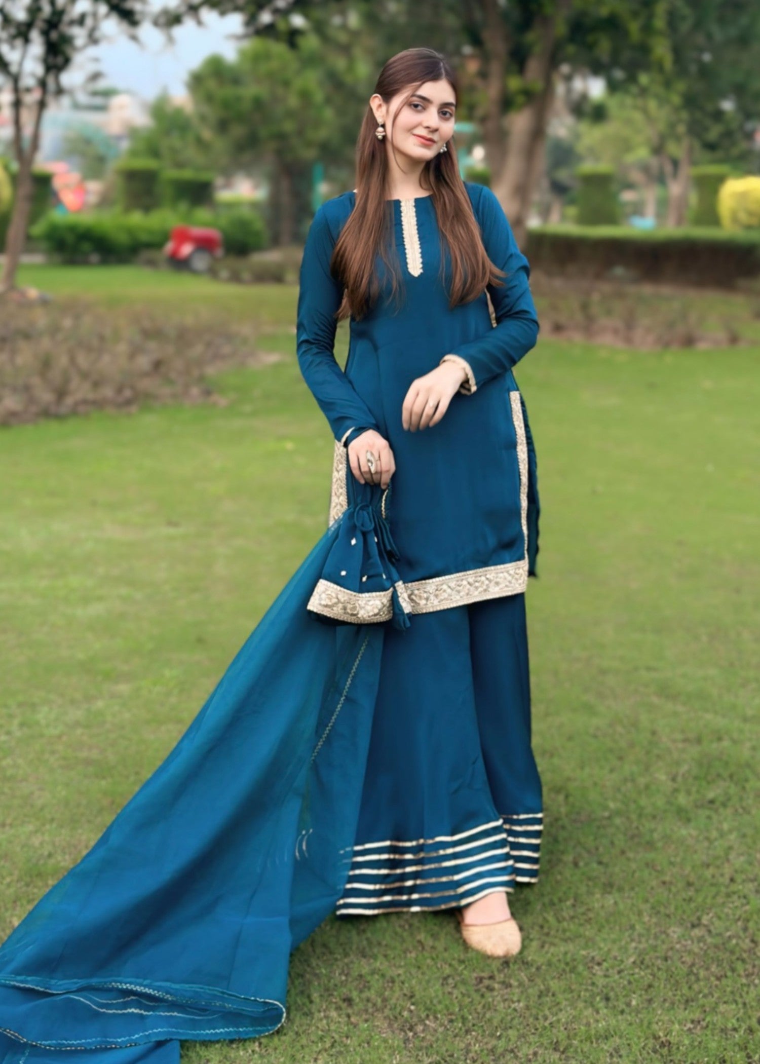chiffon silk Sharara in Steel blue