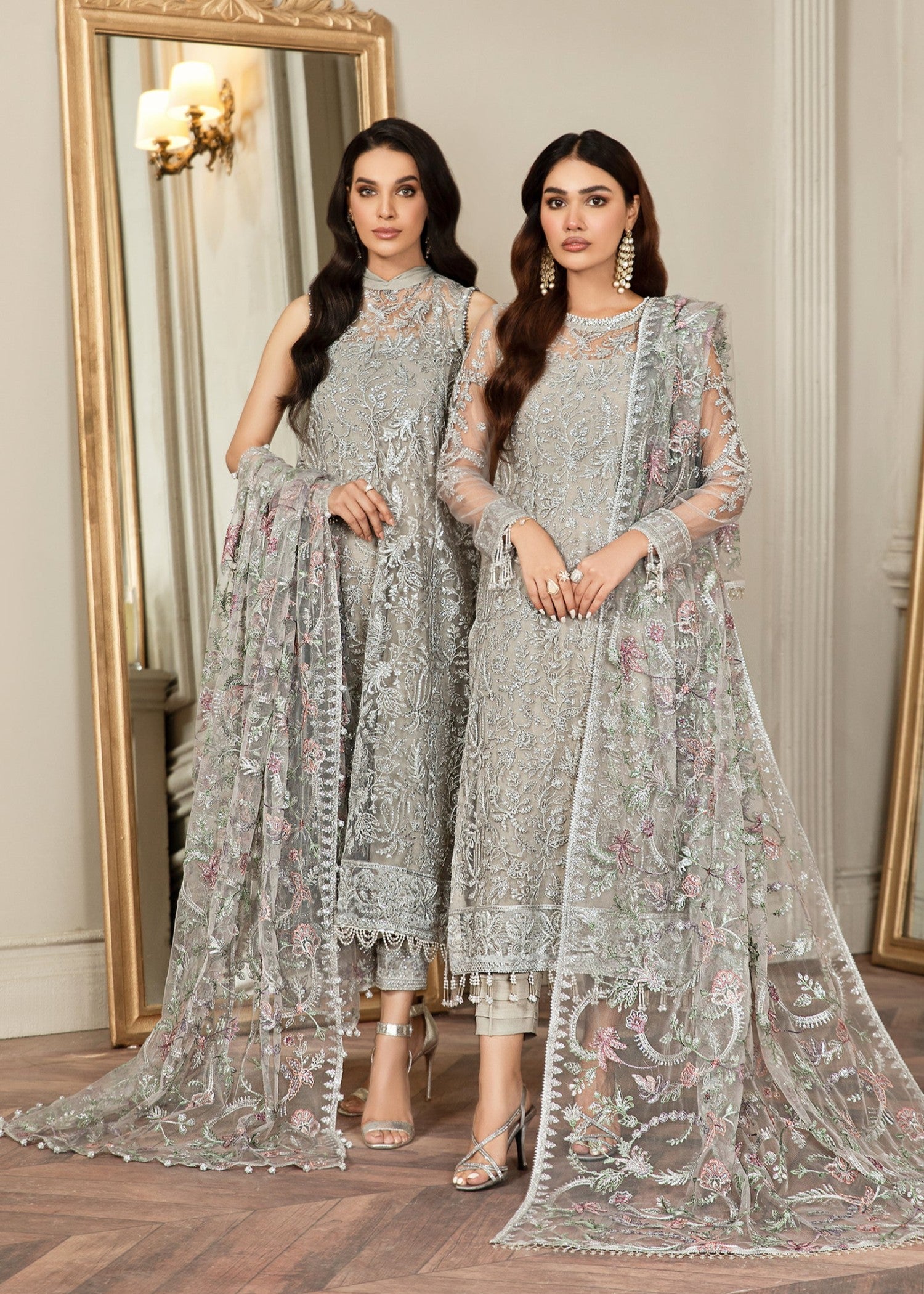 net Kurta Set in Ash grey