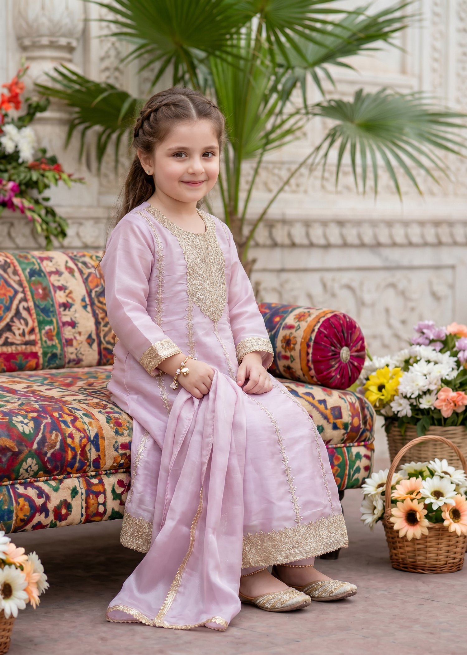 tissue silk Pishwas in Pink lace