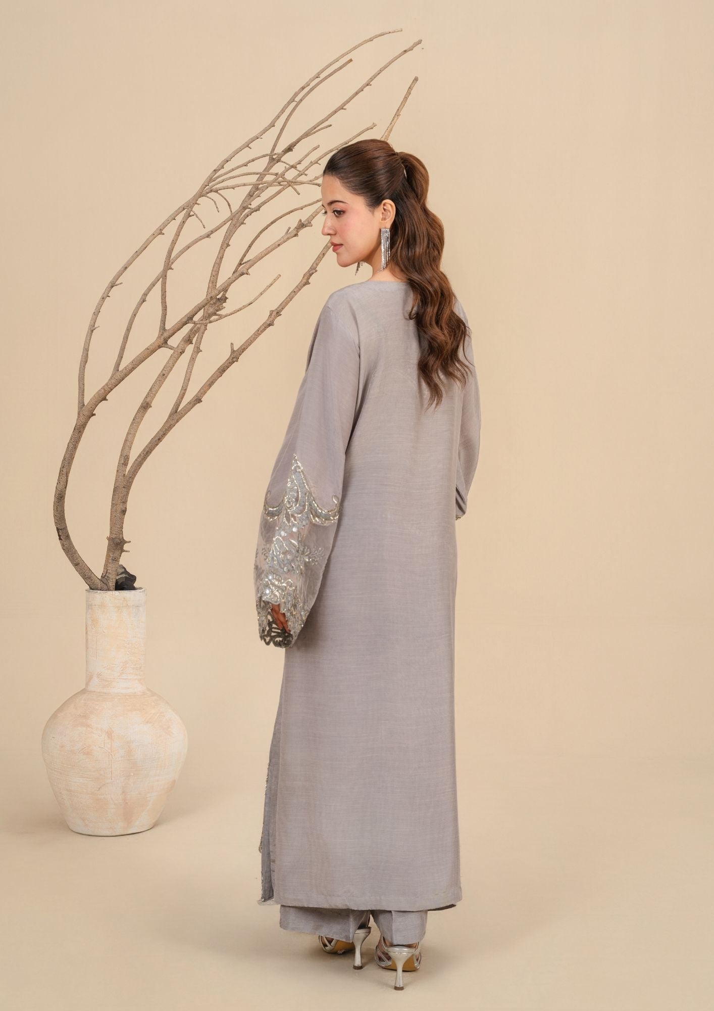 viscose raw silk Kurta Set in Dark grey