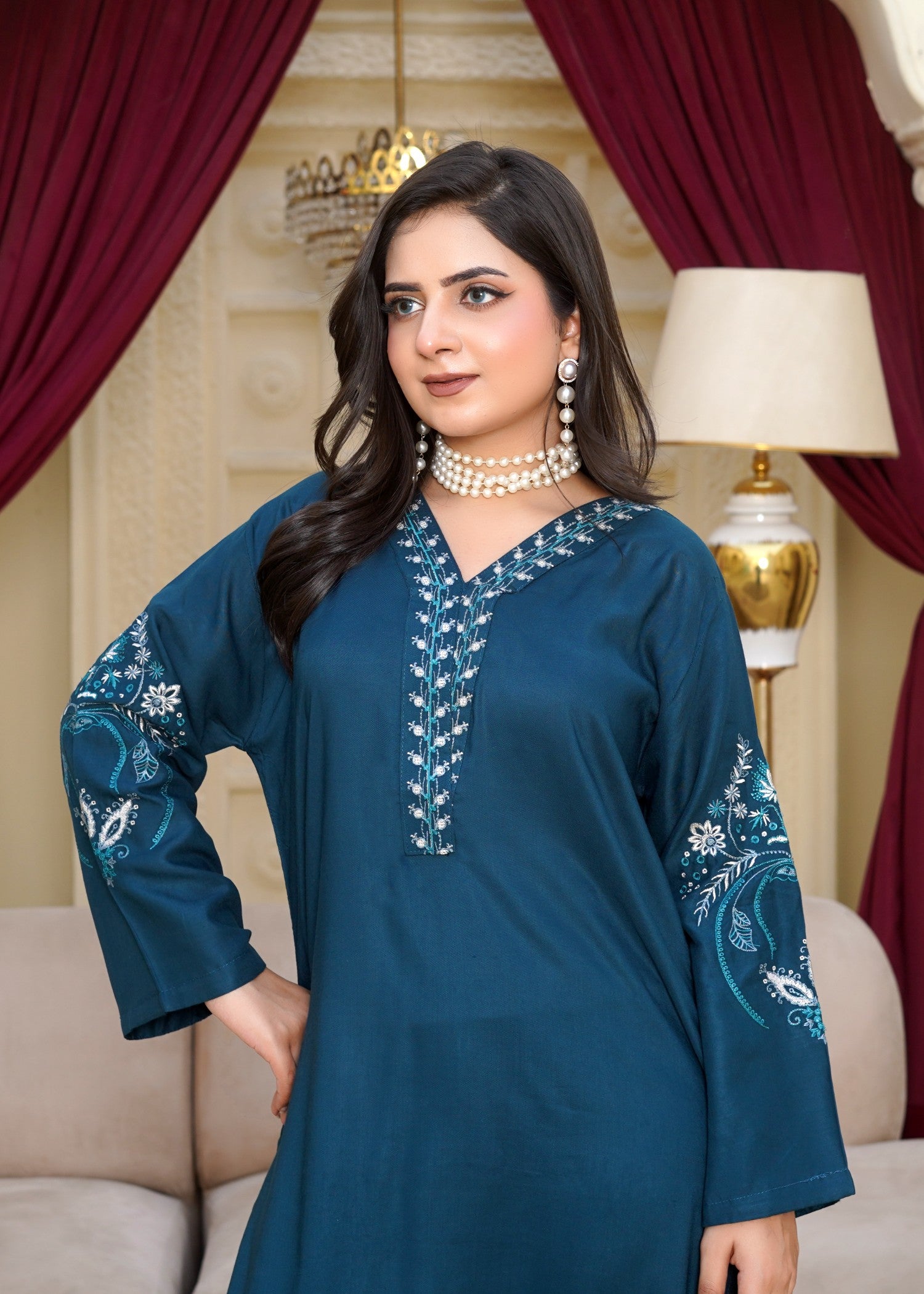 arabic lawn Kurta Set in Teal