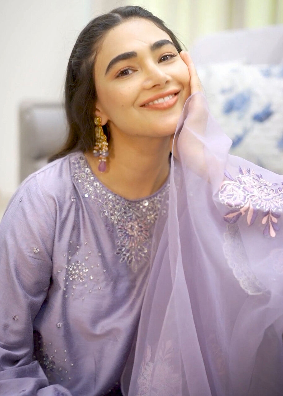 khaddi silk Kurta Set in Lavender