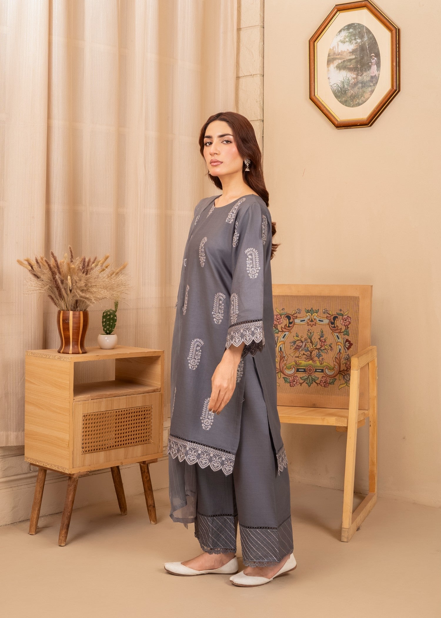 cotton Kurta Set in Slate grey