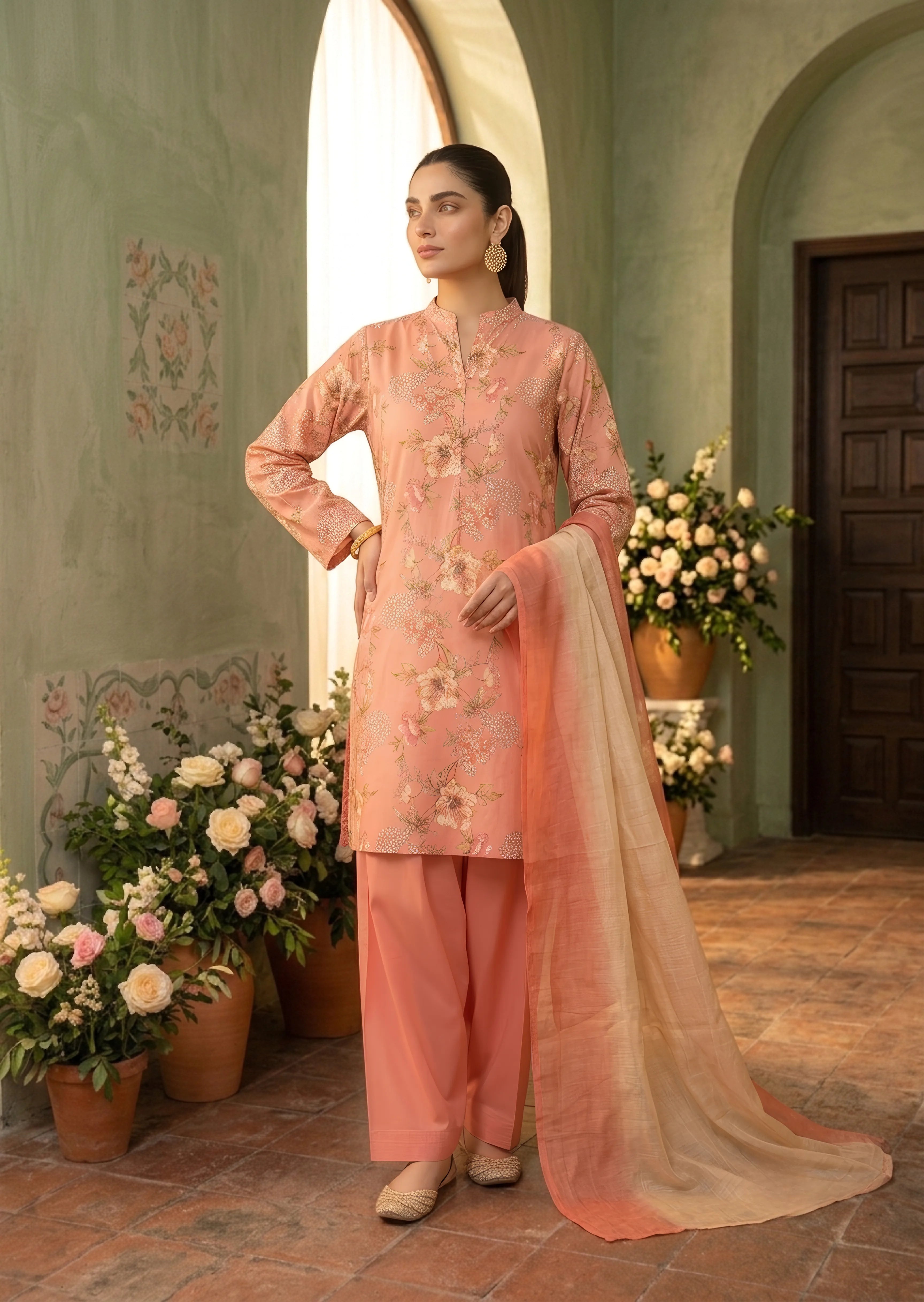 slub lawn Kurta Set in Peach pink
