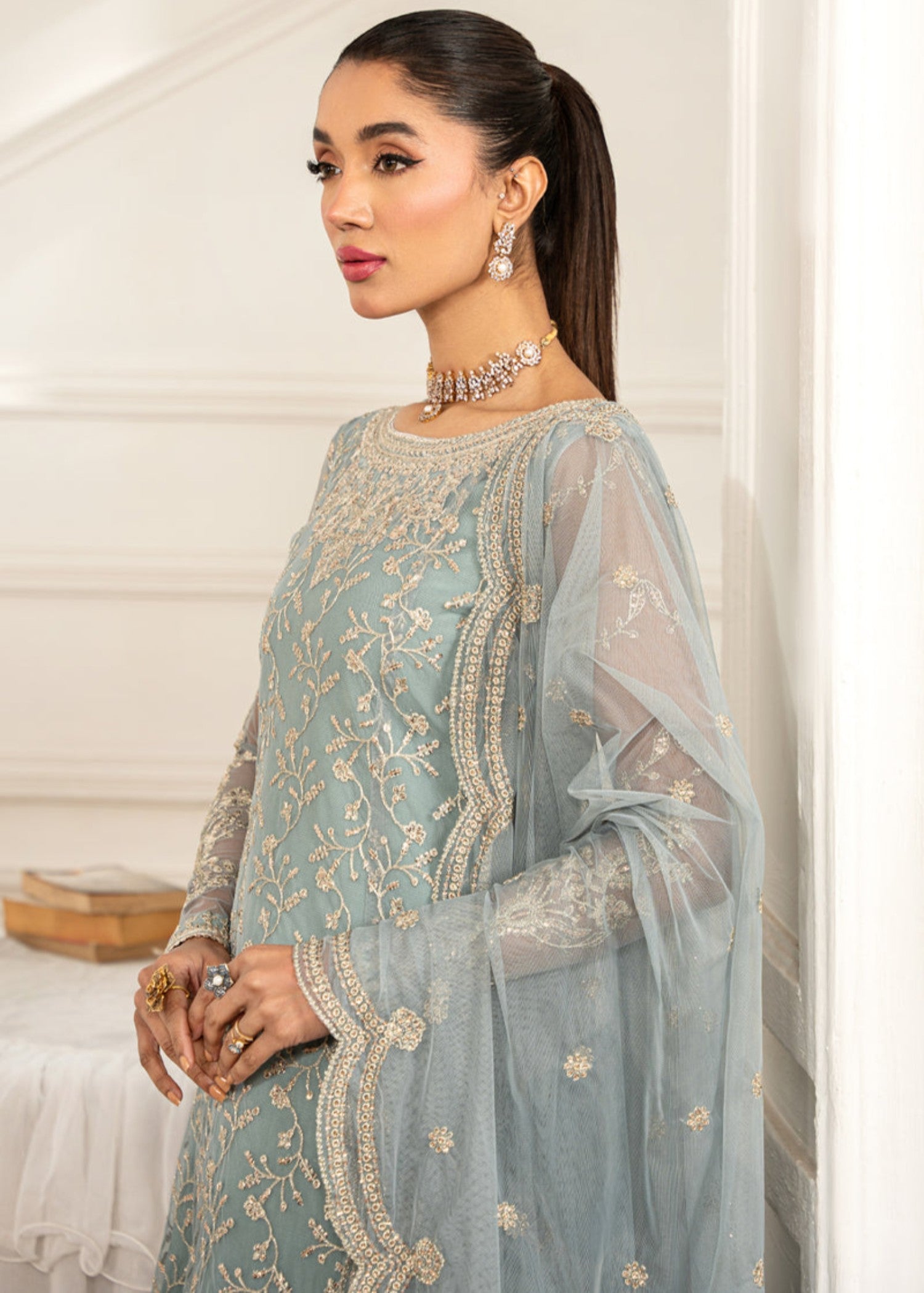 net Kurta Set in Pastel green
