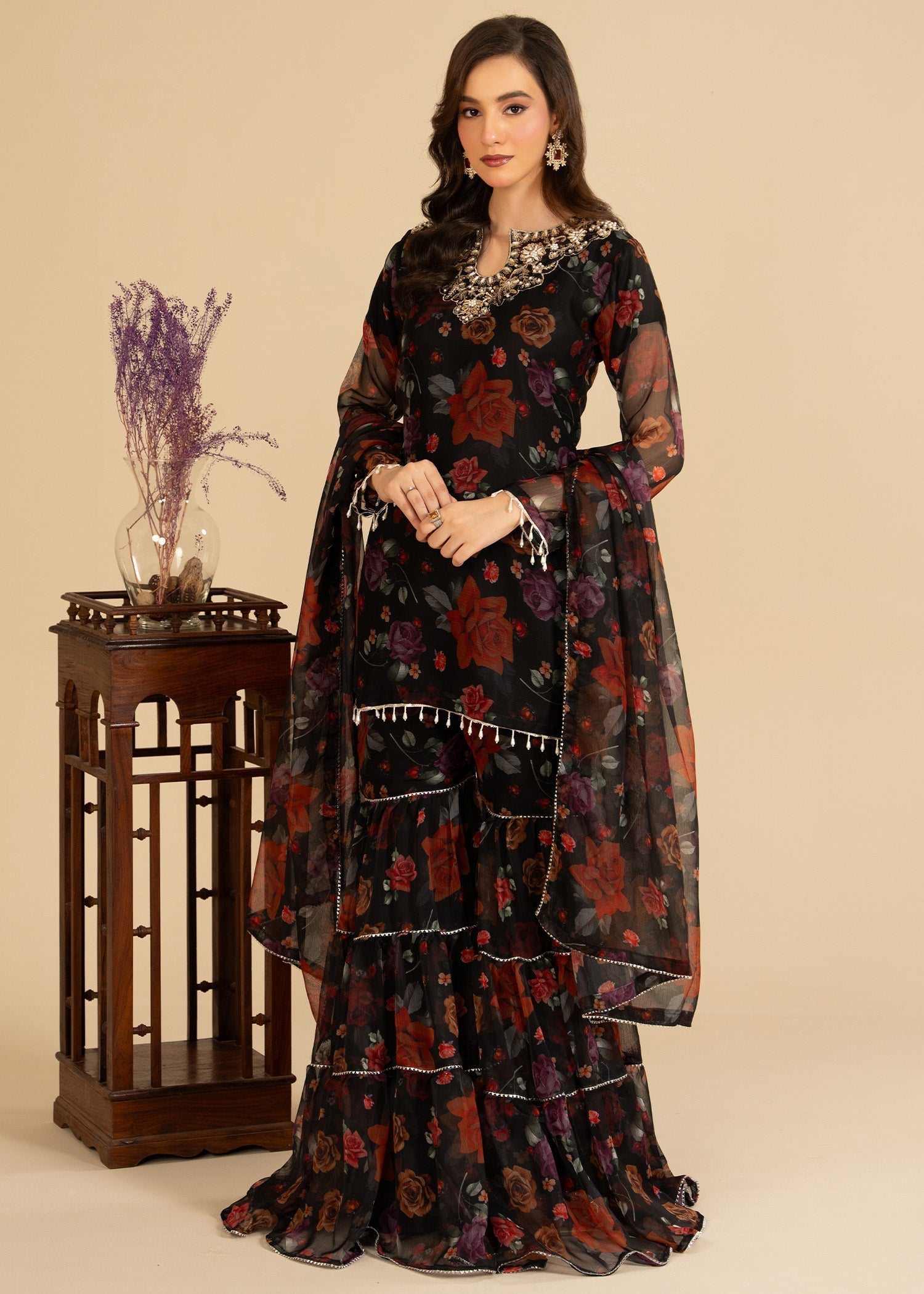 bemberg crinkle chiffon Gharara in Black