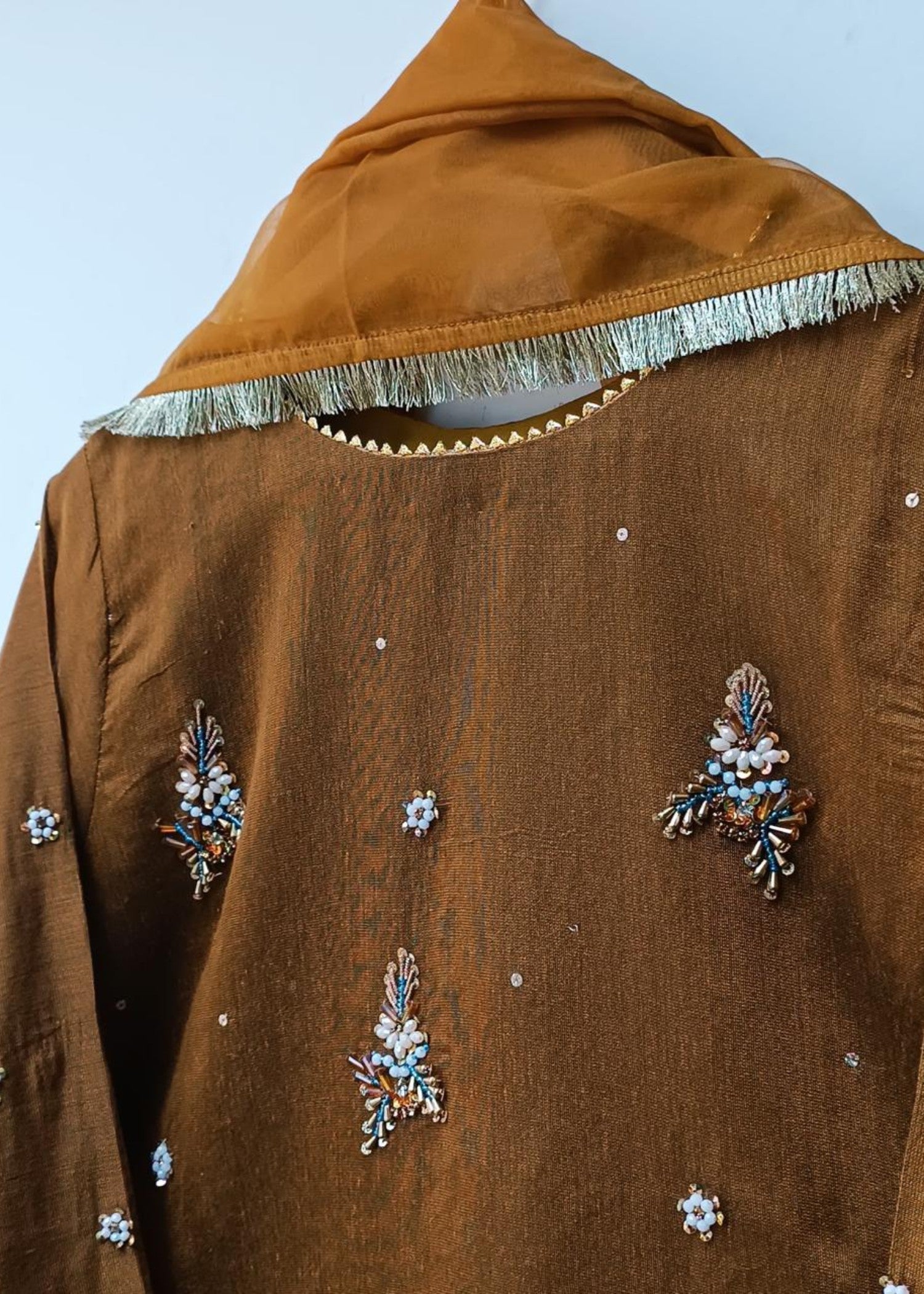 khaddi net Kurta Set in Walnut brown