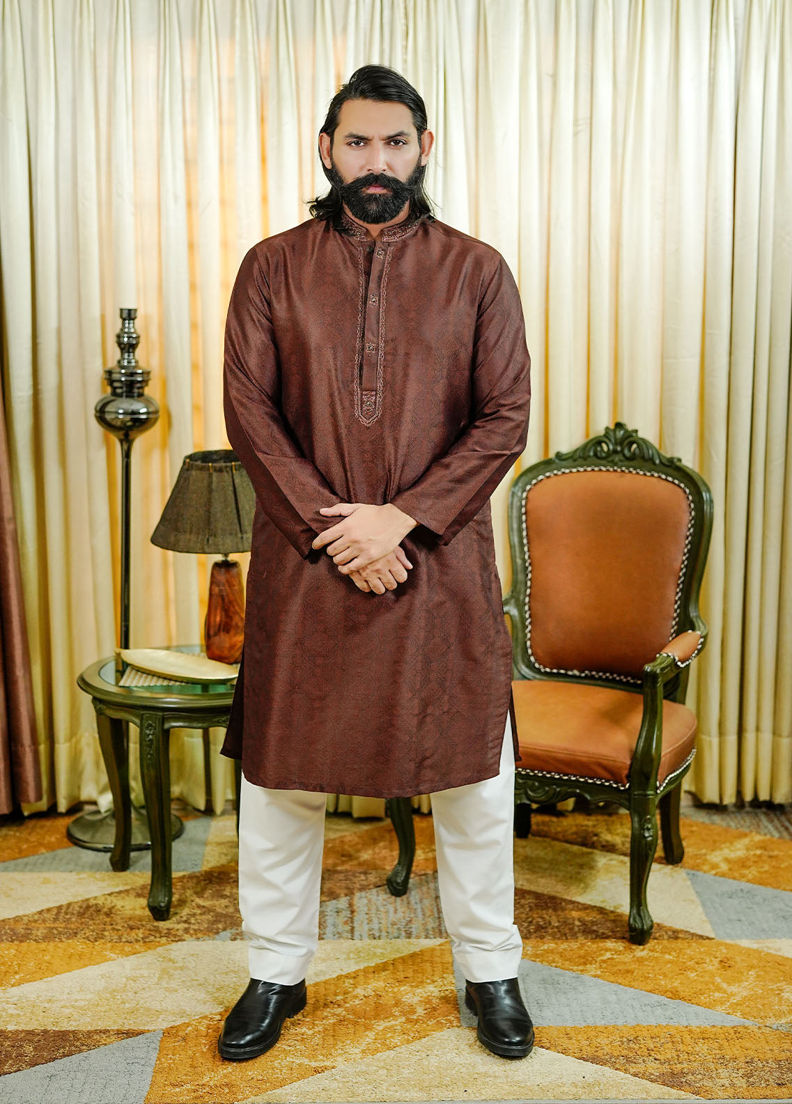 traditional jamawar Kurta in Brown