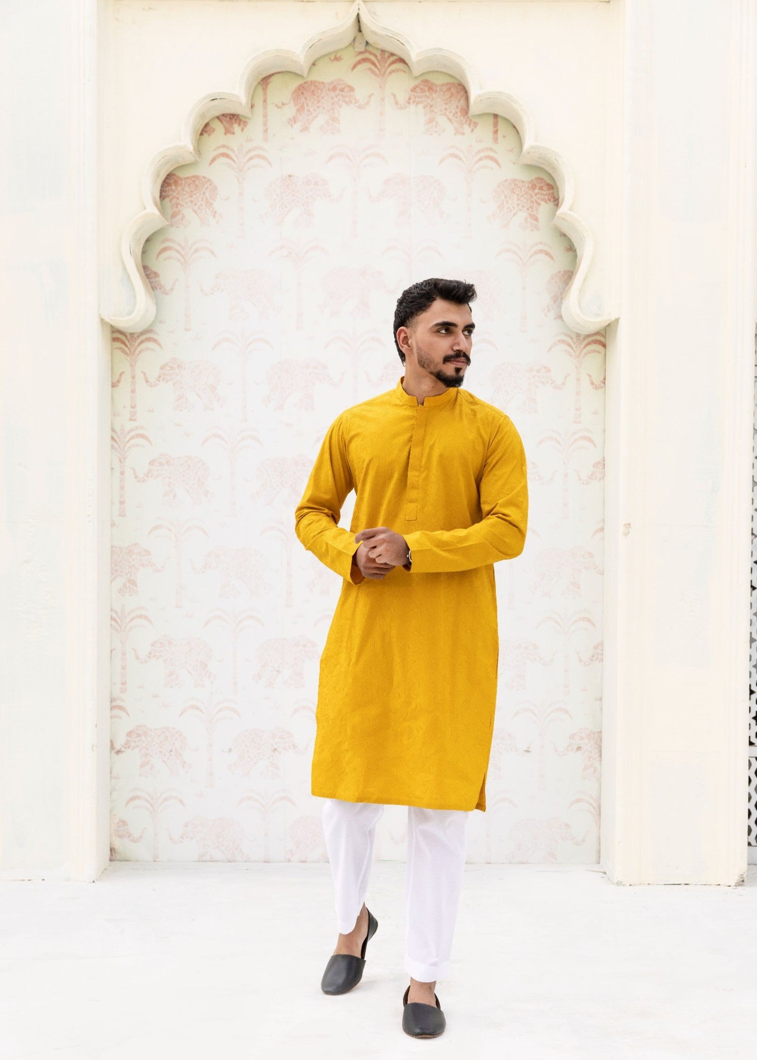 schiffli Kurta Set in Mustard