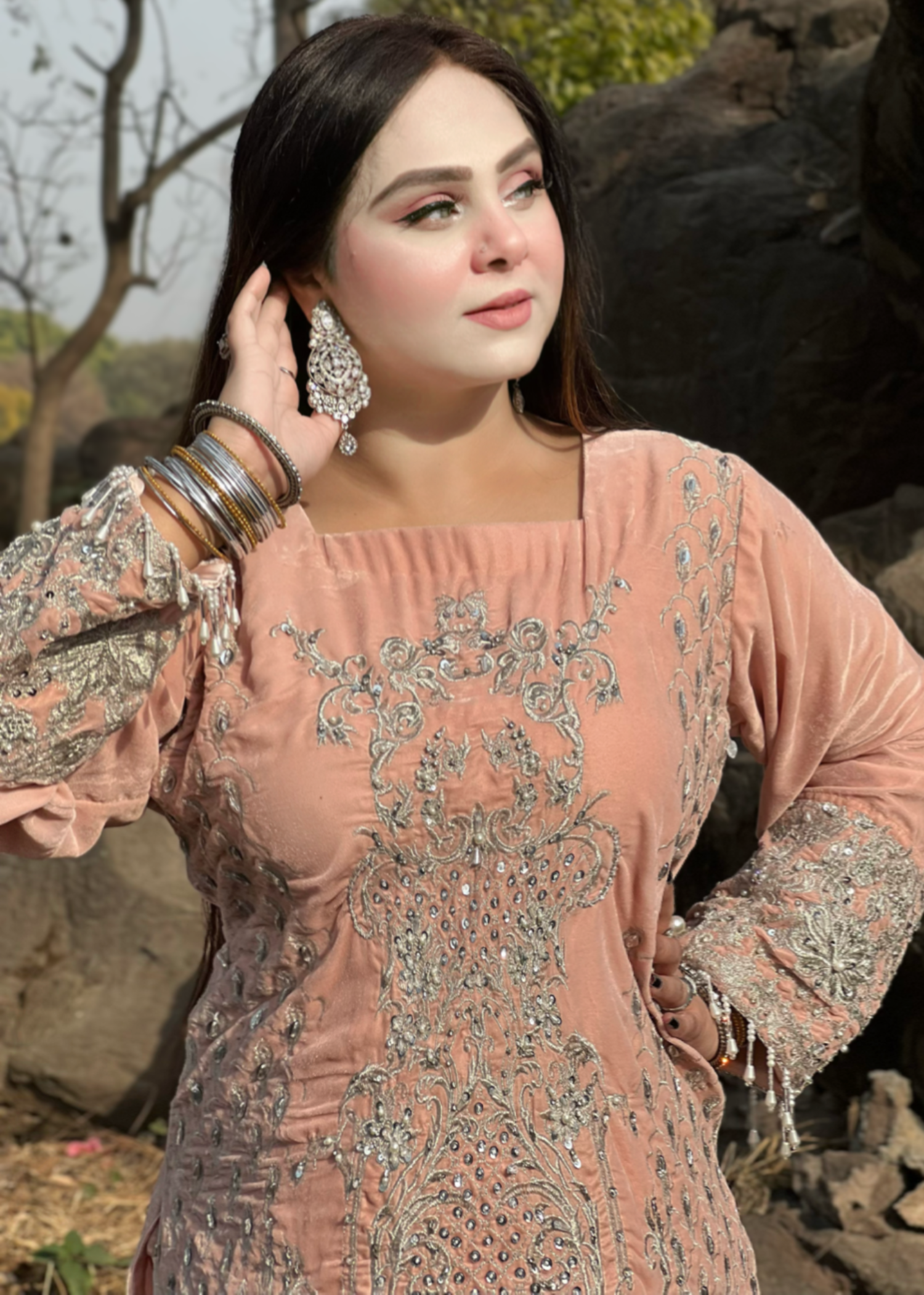 velvet Kurta Set in Light pink