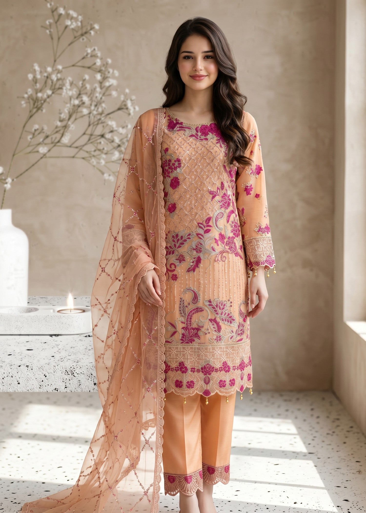 pk crinkle chiffon Kurta Set in Peach pink