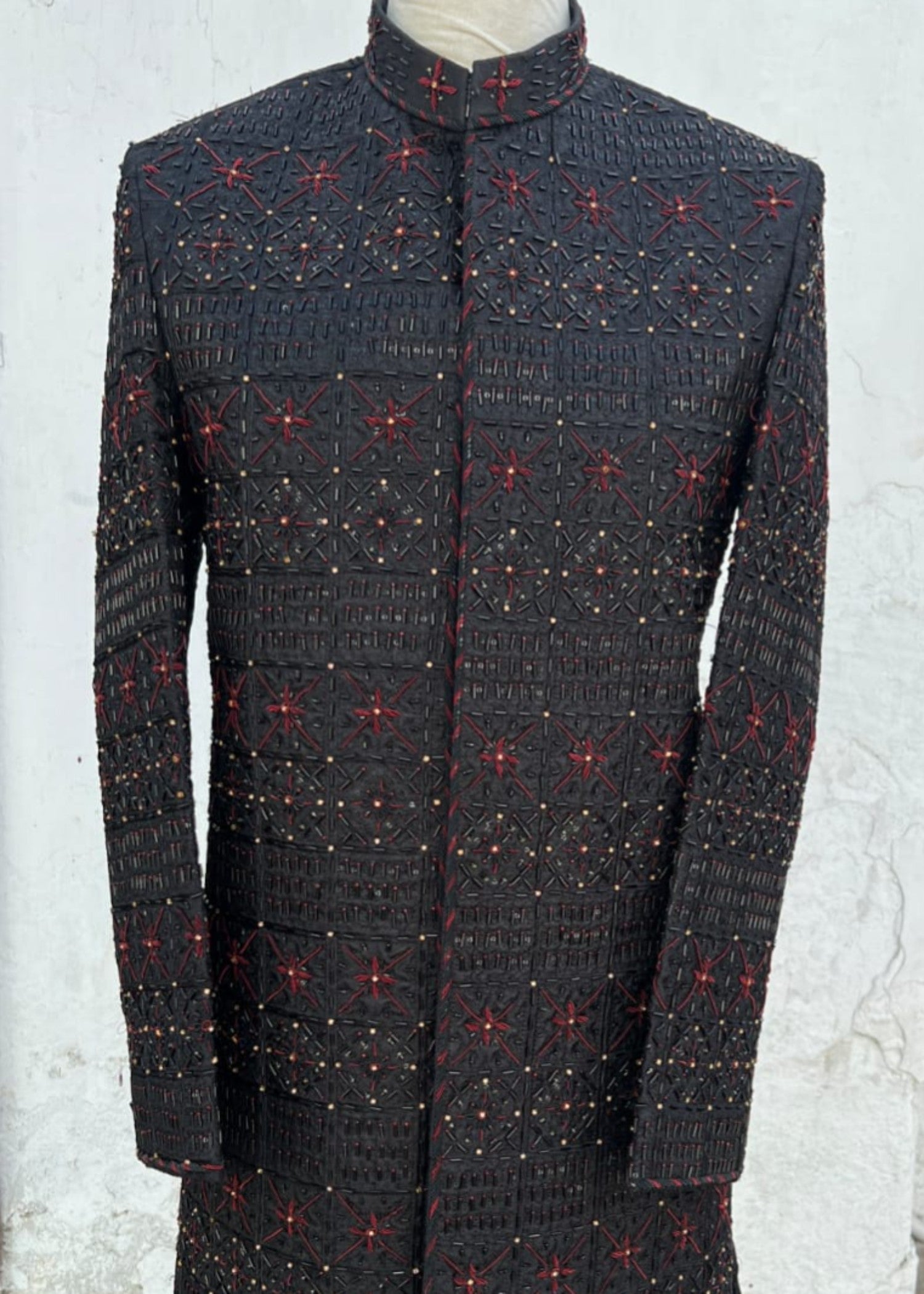 silk Sherwani in Black, gold, maroon
