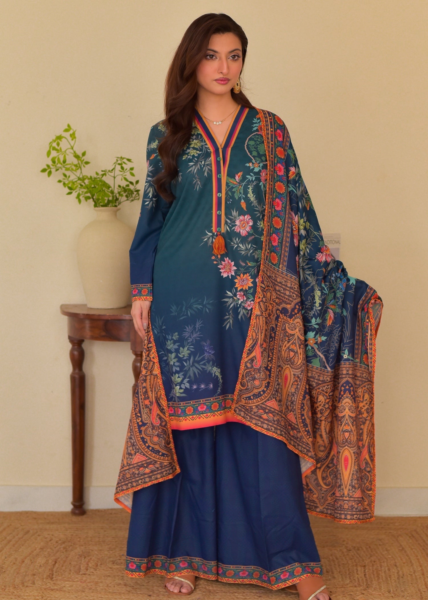 slub cambric Kurta Set in Midnight blue