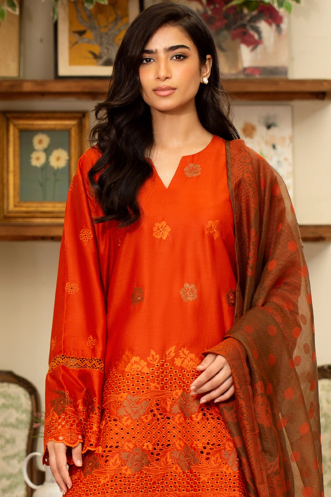 zari lawn Unstitched in Bronze orange
