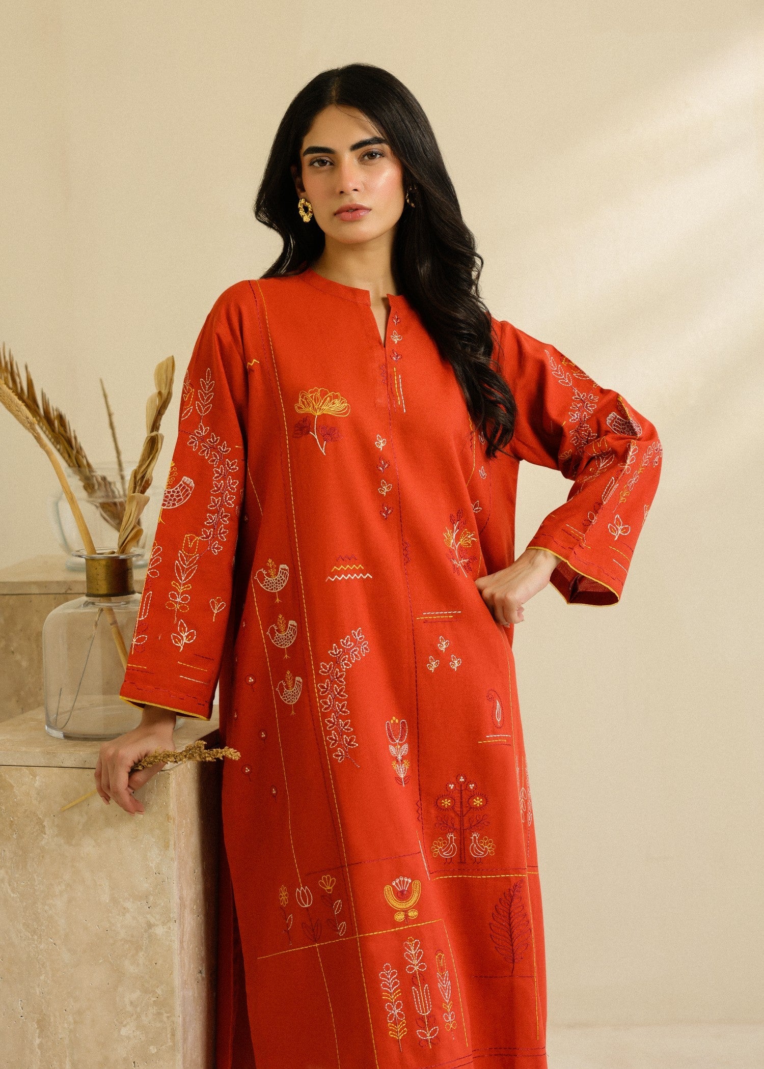 self jacquard Kurta Set in Pumpkin orange